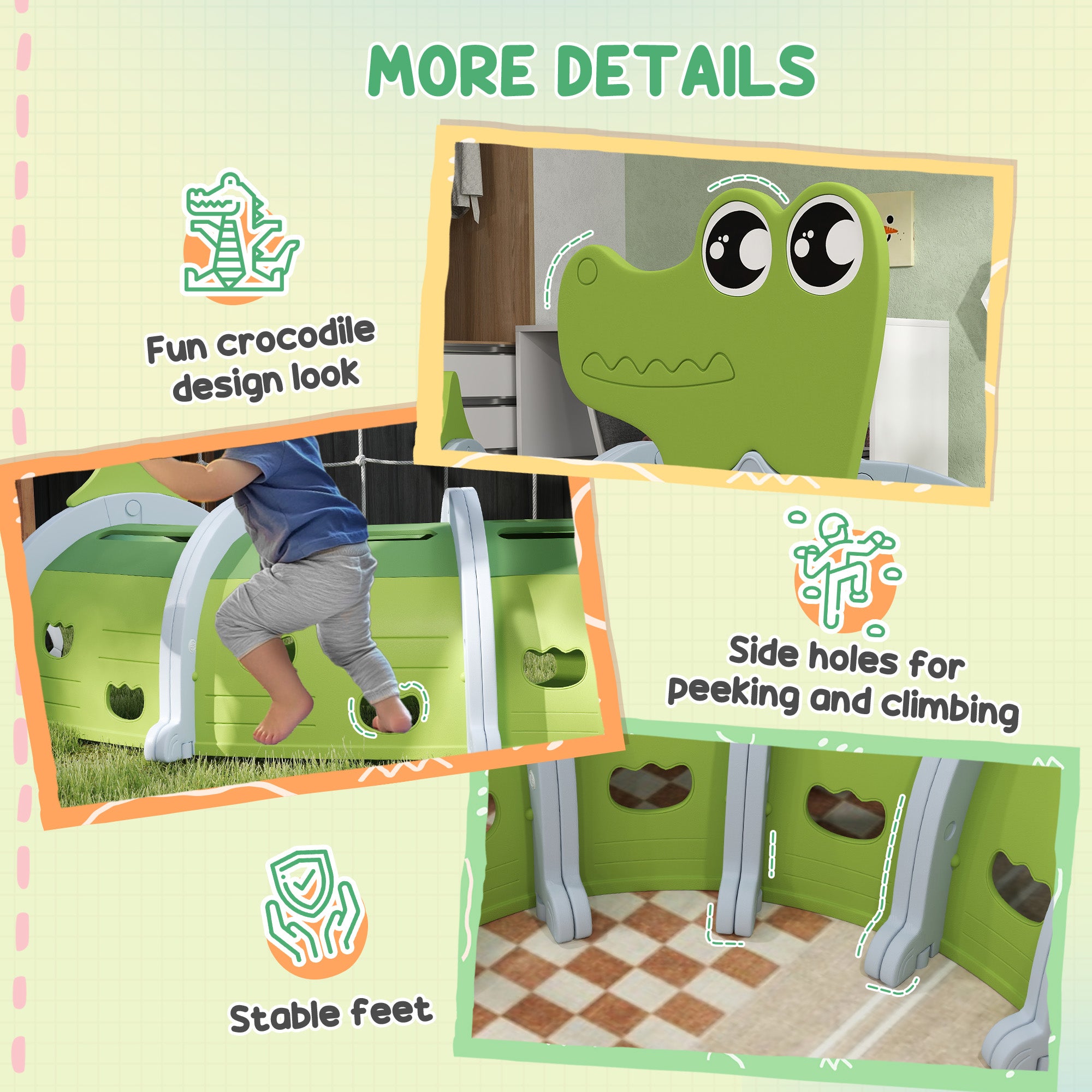AIYAPLAY Crocodile Design Kids Play Tunnel for Ages 3-6 Crawl and Climb - North Peak Garden Furniture