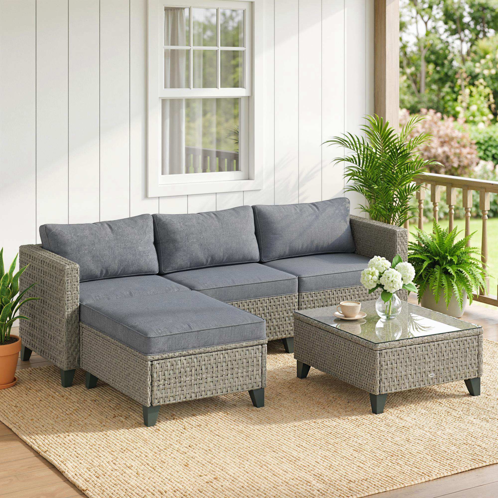 Outsunny 5-Piece Rattan Patio Furniture Set with Corner Sofa, Footstools, Coffee Table, for Poolside, Dark Grey