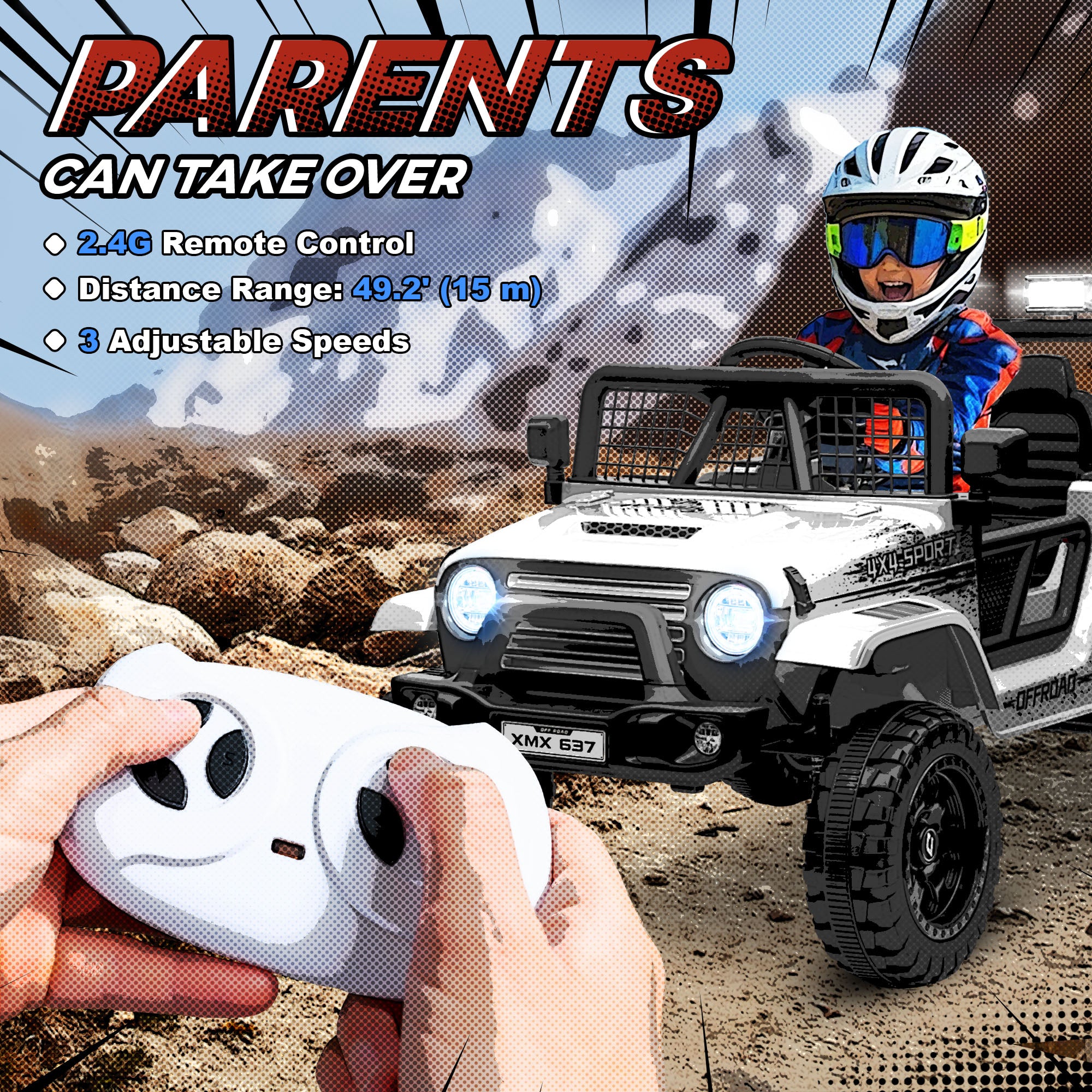 AIYAPLAY 12V Battery Powered Kids Ride On Car, Electric Truck w/ Spring Suspension, Remote, Music Horn Lights - White