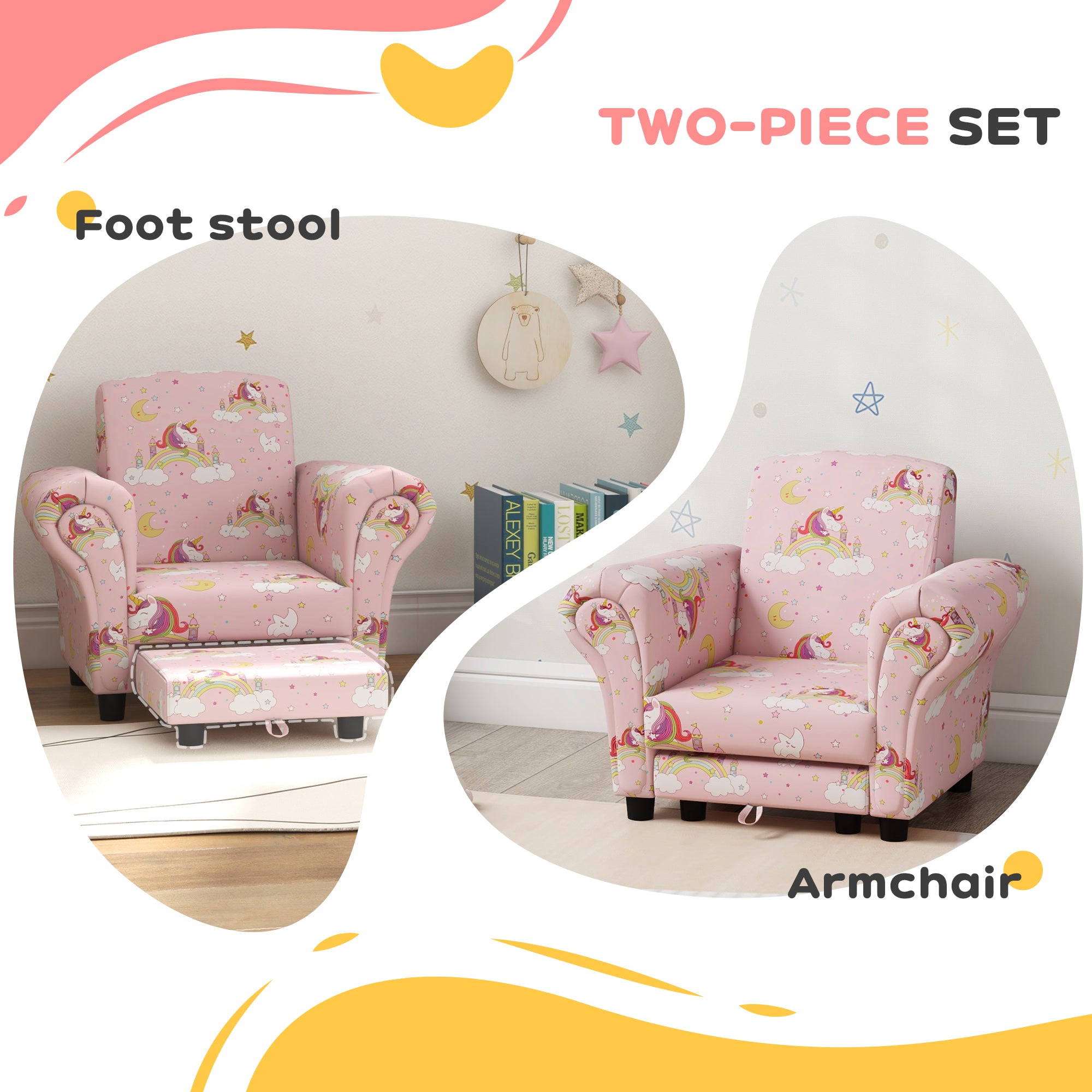 AIYAPLAY 2 Piece Kids Sofa Set with Unicorn Design, Wooden Frame, for 1.5-3 Years Old, Pink - North Peak Garden Furniture