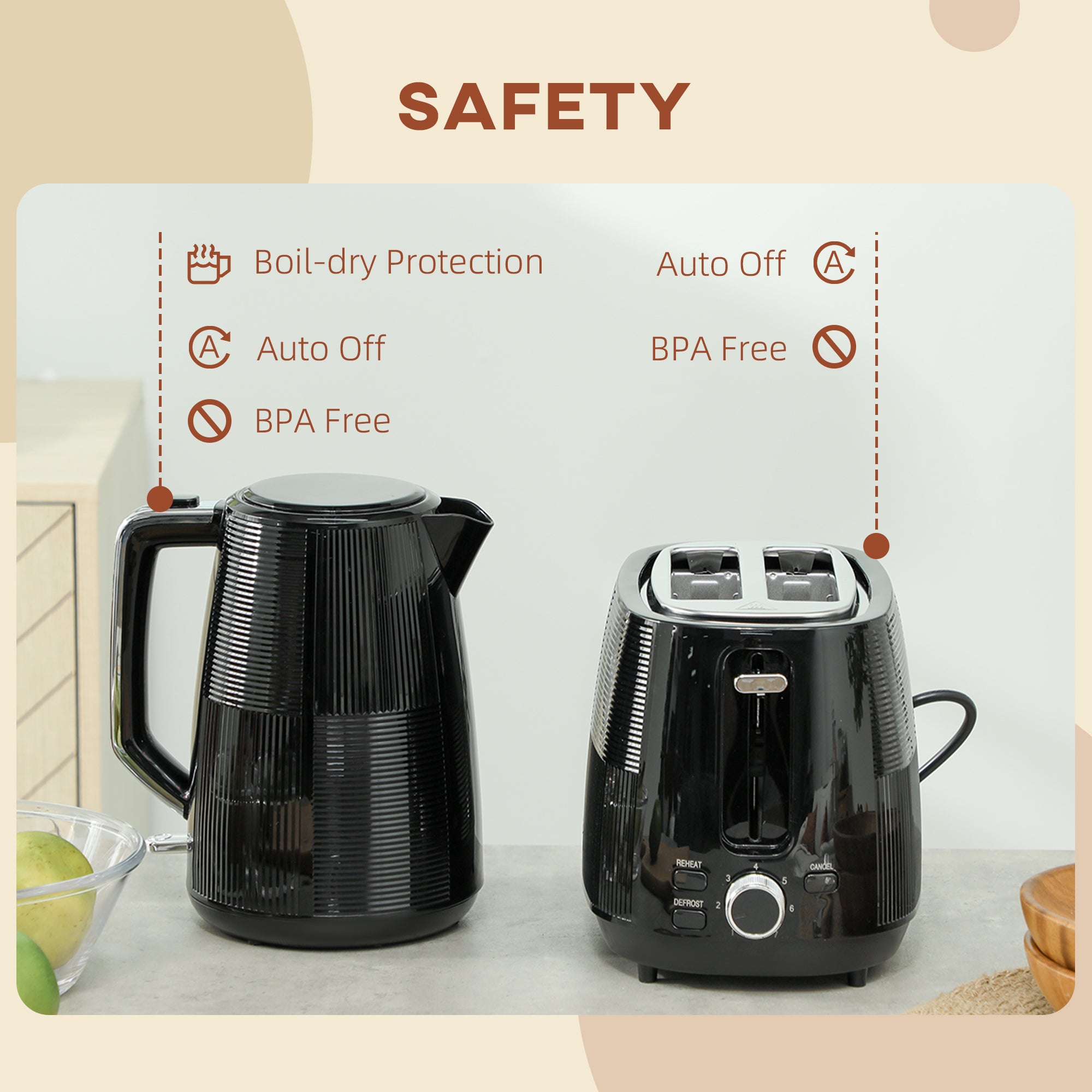HOMCOM Kettle and Toaster Set, 1.7L 3000W Fast Boil Kettle & 2 Slice Toaster Kitchen Set with 7 Level Browning Controls, Defrost, Reheat, Boil-dry Protection, Black - North Peak Garden Furniture
