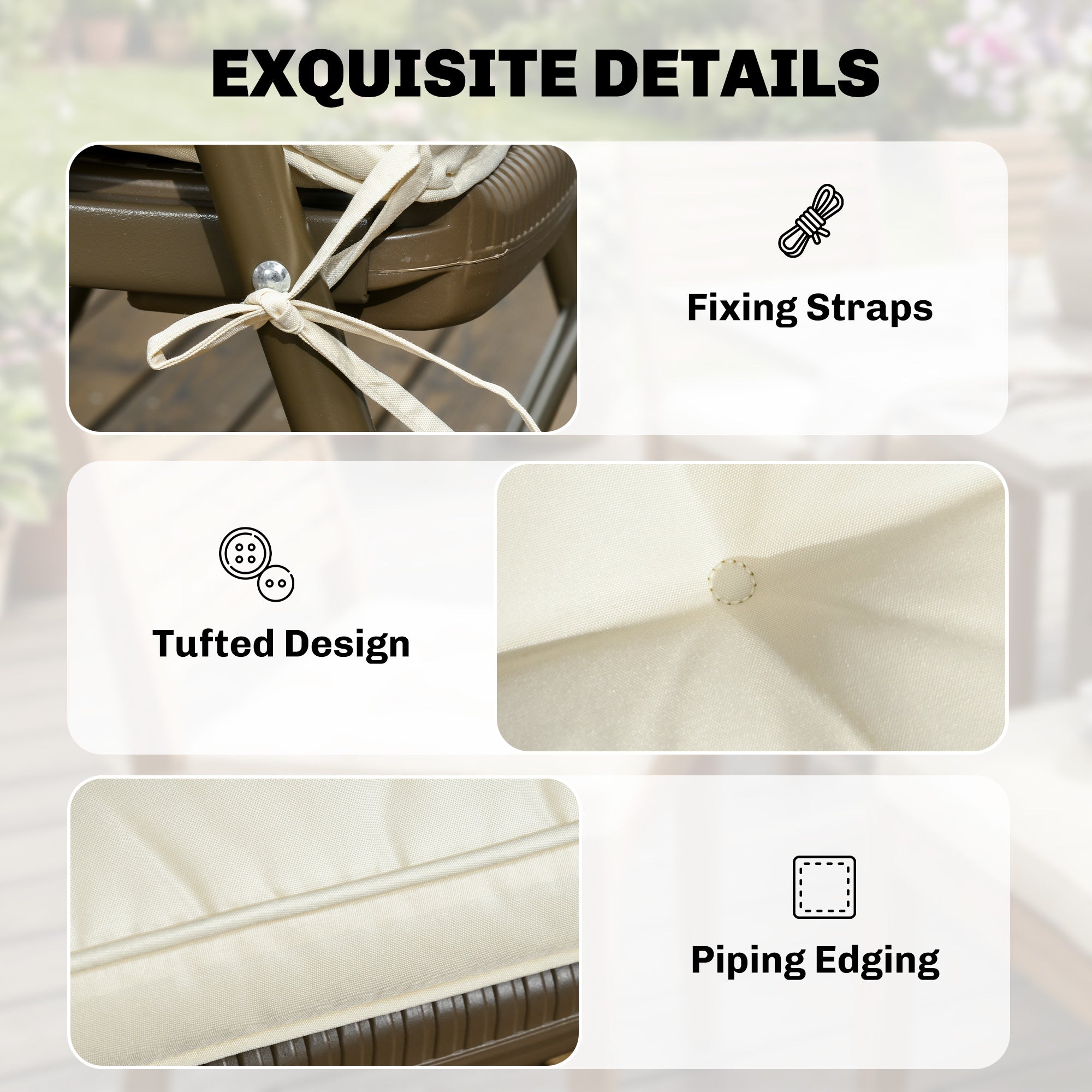 Outsunny Set of 4 Garden Seat Cushion with Ties, 42 x 42cm Replacement Dining Chair Seat Pad, Cream White