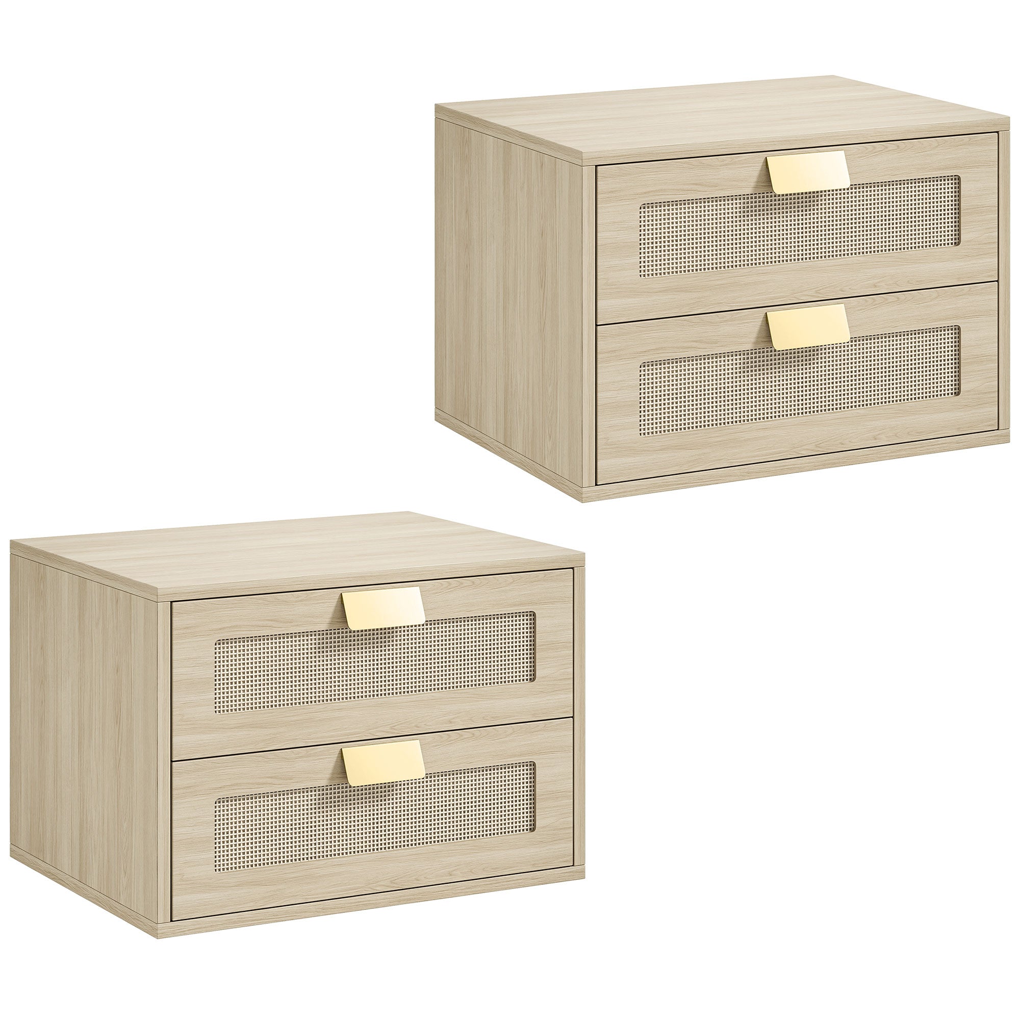 HOMCOM Modern Floating Nightstands Set of 2, Wall Mounted Bedside Tables with 2 Drawers, Oak
