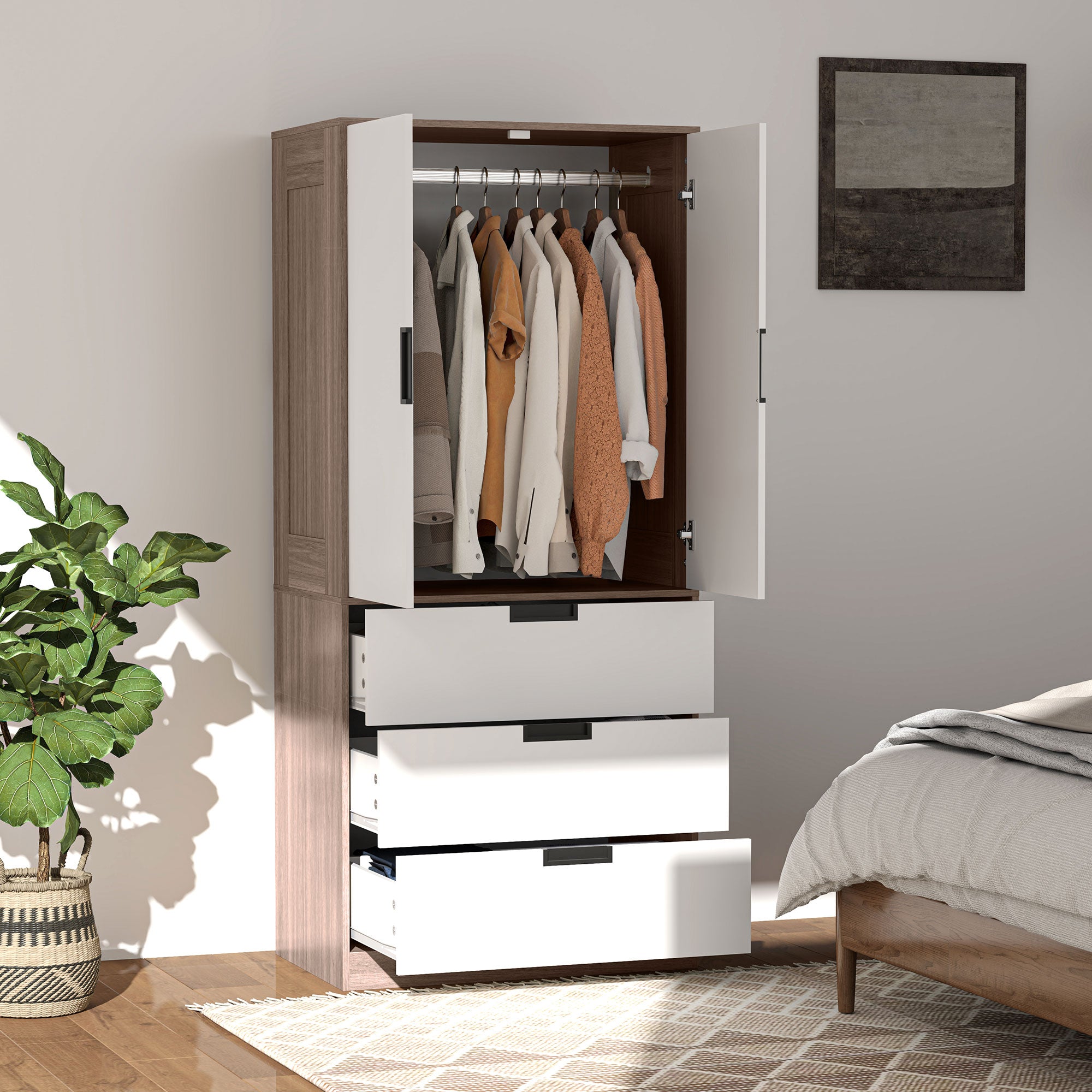 HOMCOM Two Door, Two Drawer Wardrobe - White/Brown - North Peak Garden Furniture