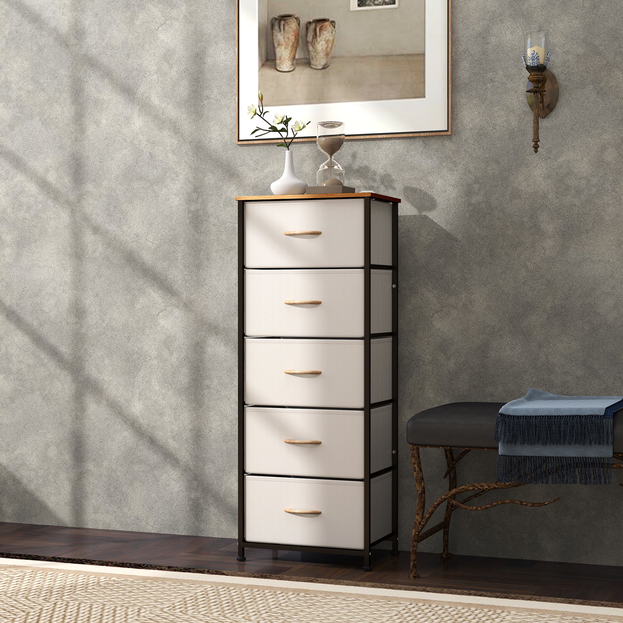 HOMCOM Fabric Chest of Drawers, Storage Drawers, Industrial Bedroom Dresser with 5 Fabric Drawers, Steel Frame and Wooden Top for Nursery, Living Room, Hallway, Cream White - North Peak Garden Furniture