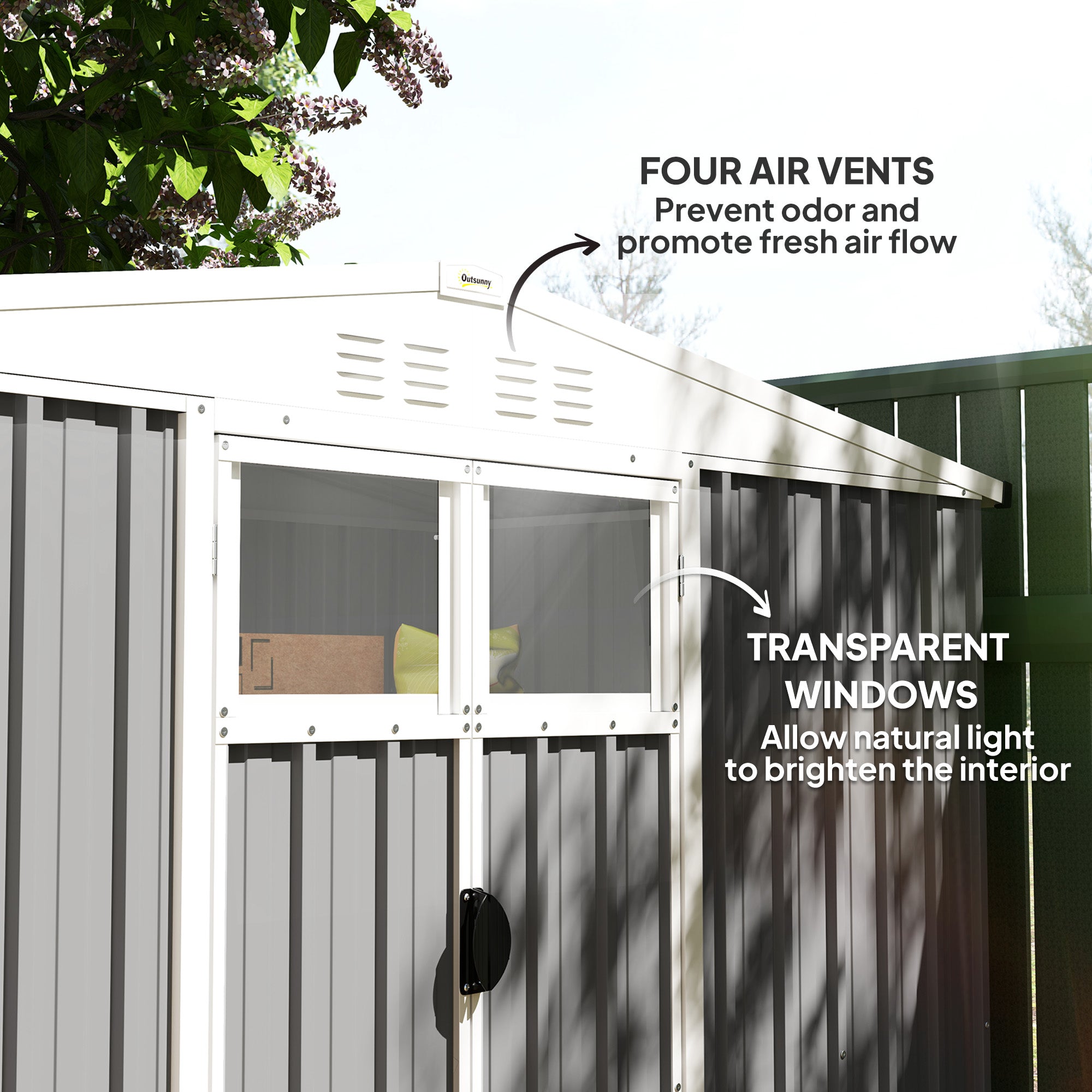 Outsunny 8 x 4 ft Metal Garden Shed, Garden Storage Shed with Window, 4 Vents and Lockable Door, Waterproof Galvanised Steel Tool Storage Shed, Light Grey - North Peak Garden Furniture