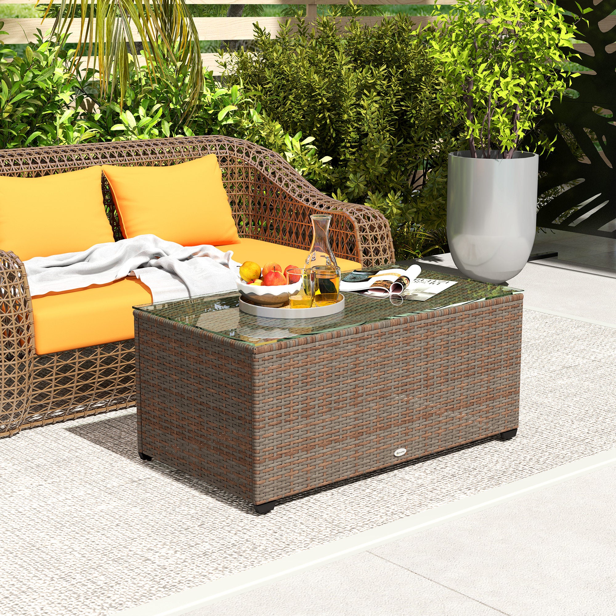 Outsunny 90 x 50cm Glass-Top Rattan Side Table - Brown - North Peak Garden Furniture