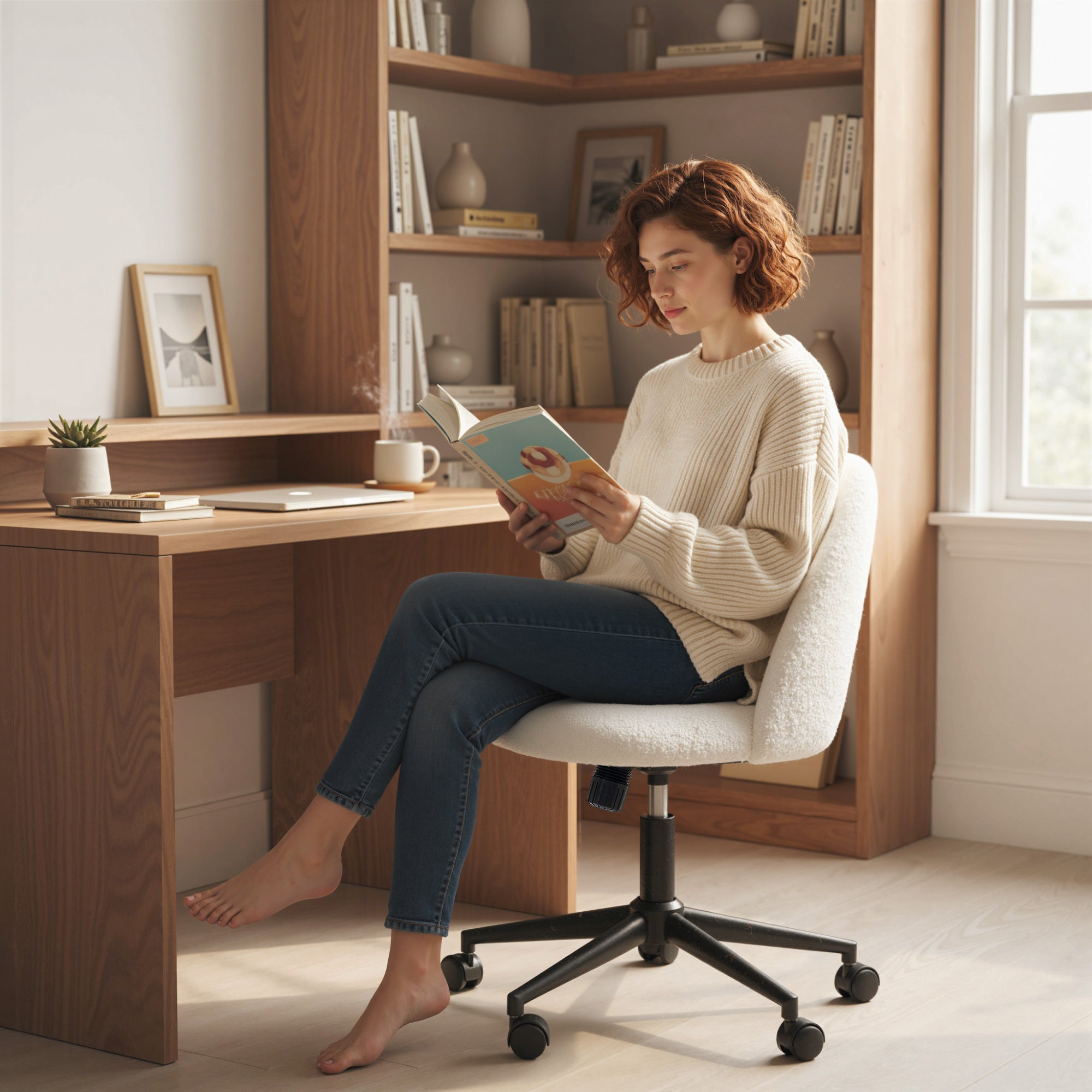 HOMCOM Teddy Fleece Office Chair with Wheels - Cream White