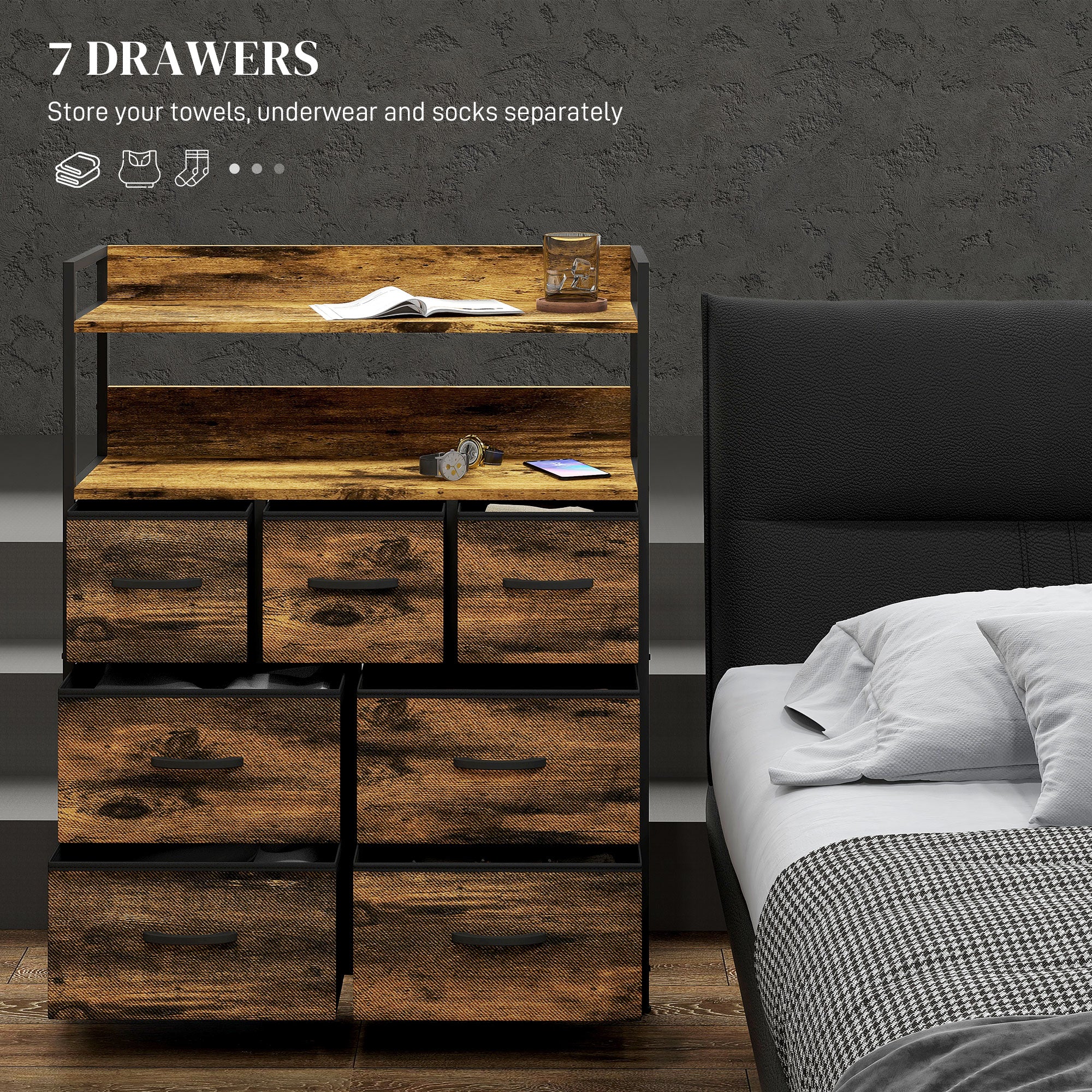 HOMCOM Rustic Chest of Seven Fabric Drawers - Rustic Brown - North Peak Garden Furniture