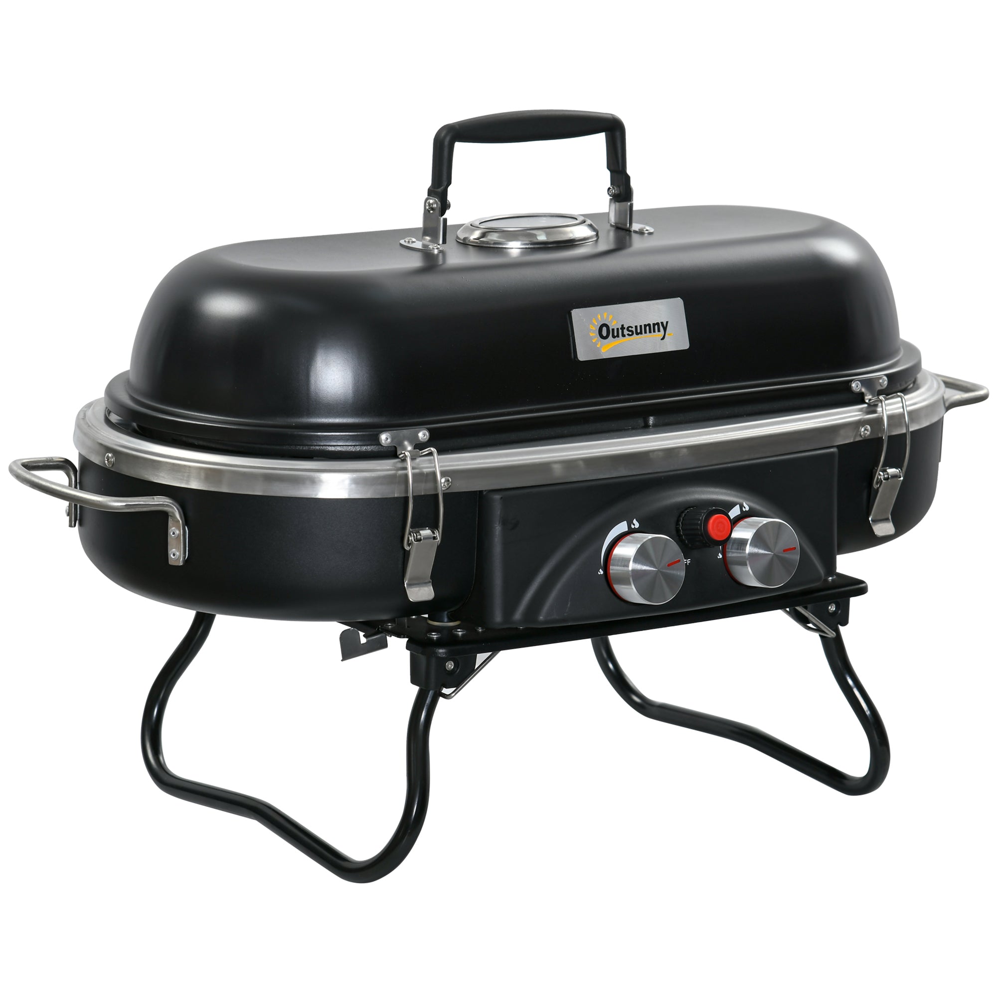Outsunny Foldable Gas BBQ Grill 2 Burner Table Top Barbecue with Lid Piezo Ignition Thermometer for Camping Picnic Cooking, Aluminium Alloy - North Peak Garden Furniture