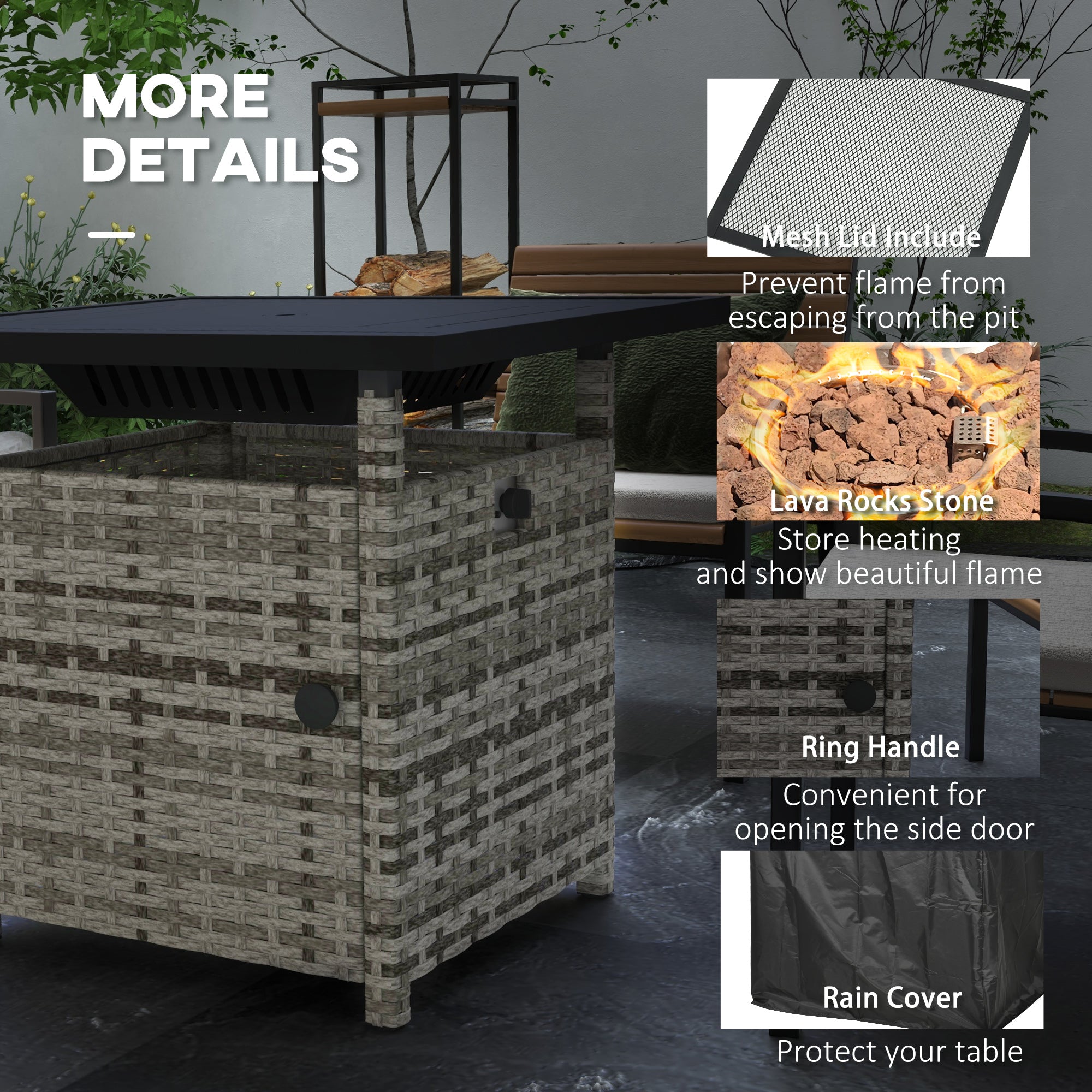 Outsunny 72.5 x 72.5cm 50,000 BTU Fire Pit Table, with Cover - Grey - North Peak Garden Furniture