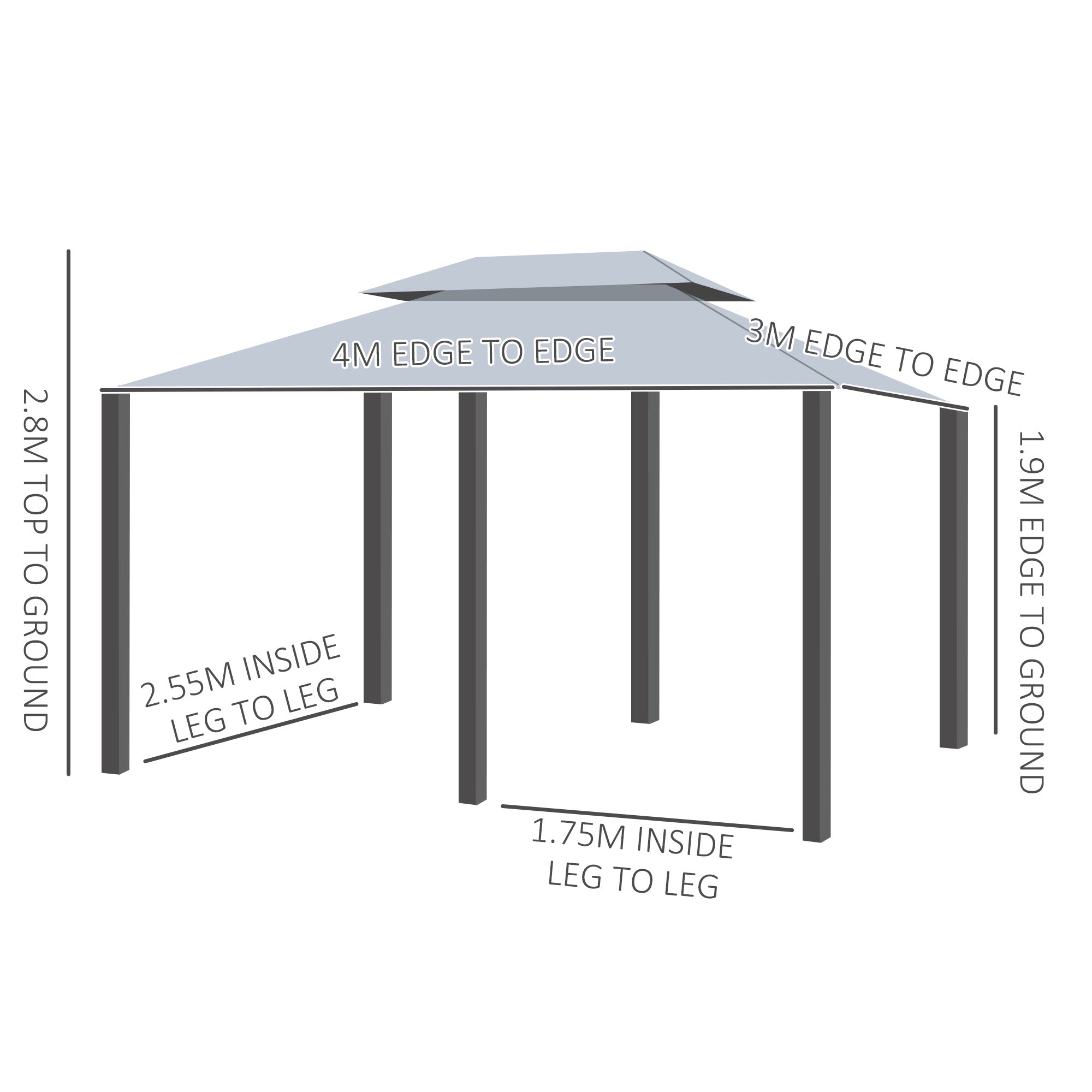 Outsunny 4m x 3(m)Garden Gazebo, Double Roof Outdoor Gazebo Canopy Shelter with Curtains, Solid Steel Frame for Lawn and Deck, Grey - North Peak Garden Furniture