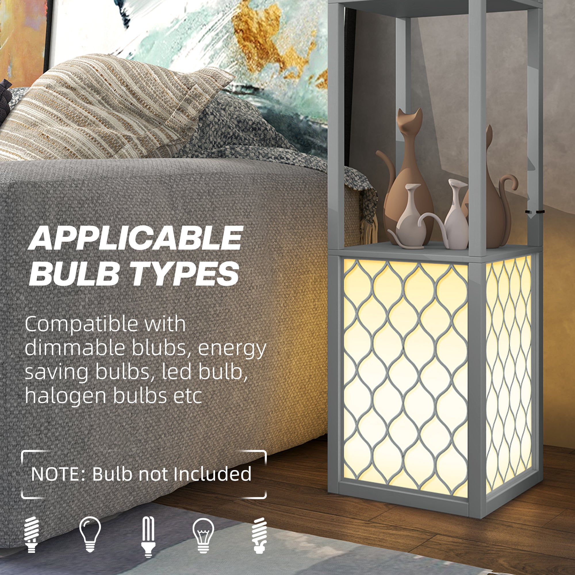 HOMCOM Floor Lamp with Shelves, Dual Light, Modern Tall Standing Lamps, with Pull Chain Switch (Bulb not Included), Light Grey - North Peak Garden Furniture