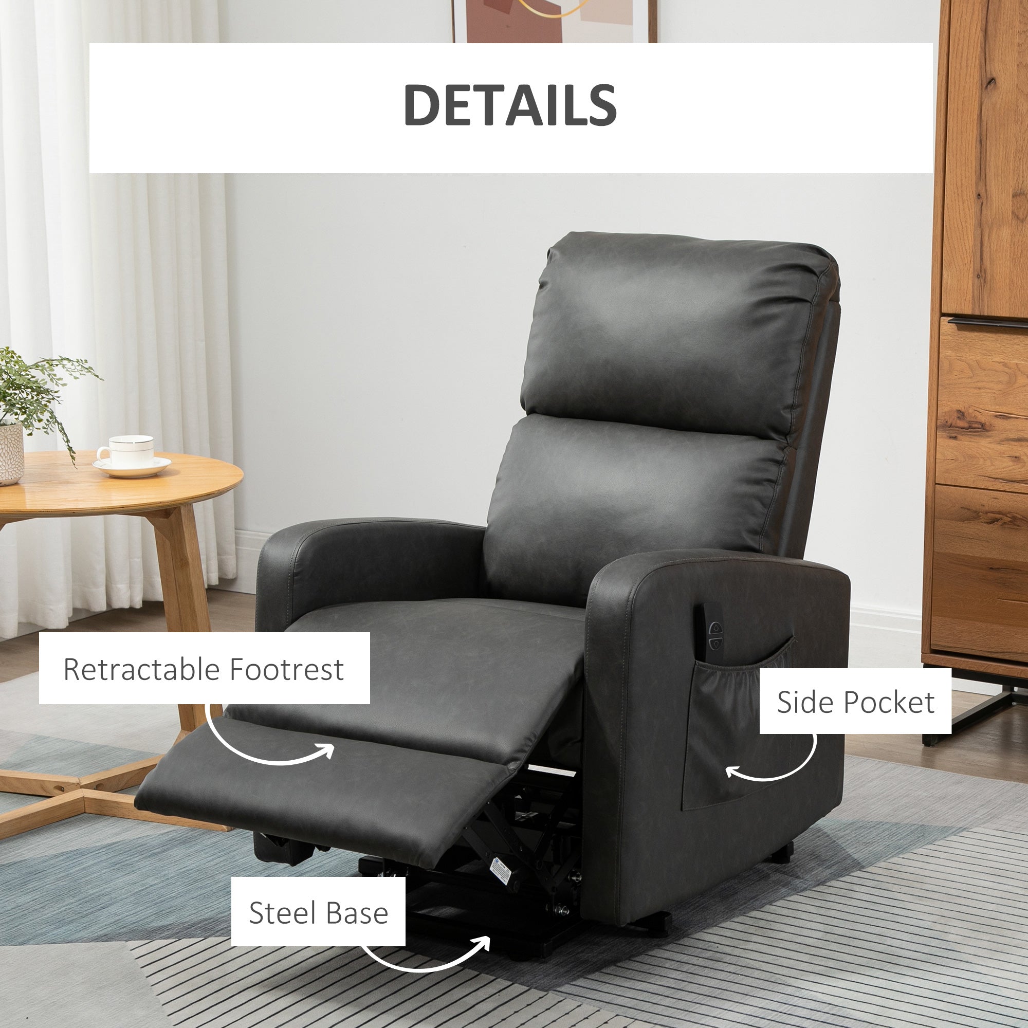 HOMCOM Riser and Recliner Chair for the Elderly, PU Leather Upholstered Lift Chair for Living Room with Remote Control, Side Pockets, Charcoal Grey - North Peak Garden Furniture
