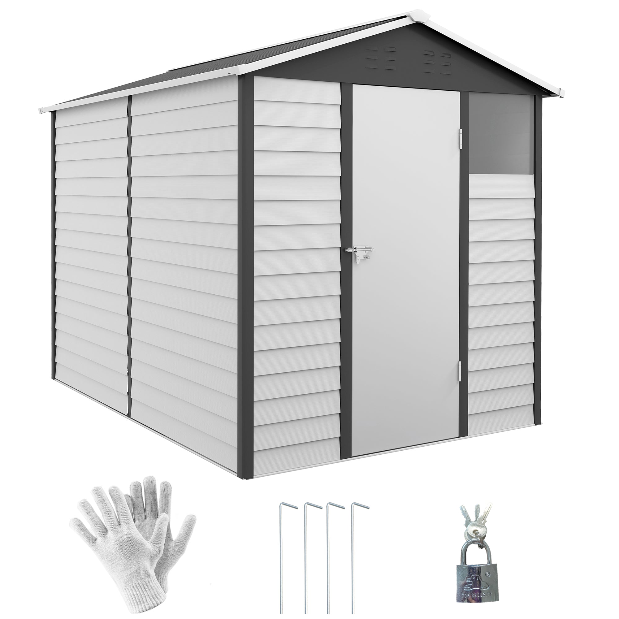 Outsunny 9x 6FT Metal Outdoor Garden Shed, Galvanised Tool Storage Shed w/ Sloped Roof, Lockable Door for Patio Lawn, Dark Grey - North Peak Garden Furniture