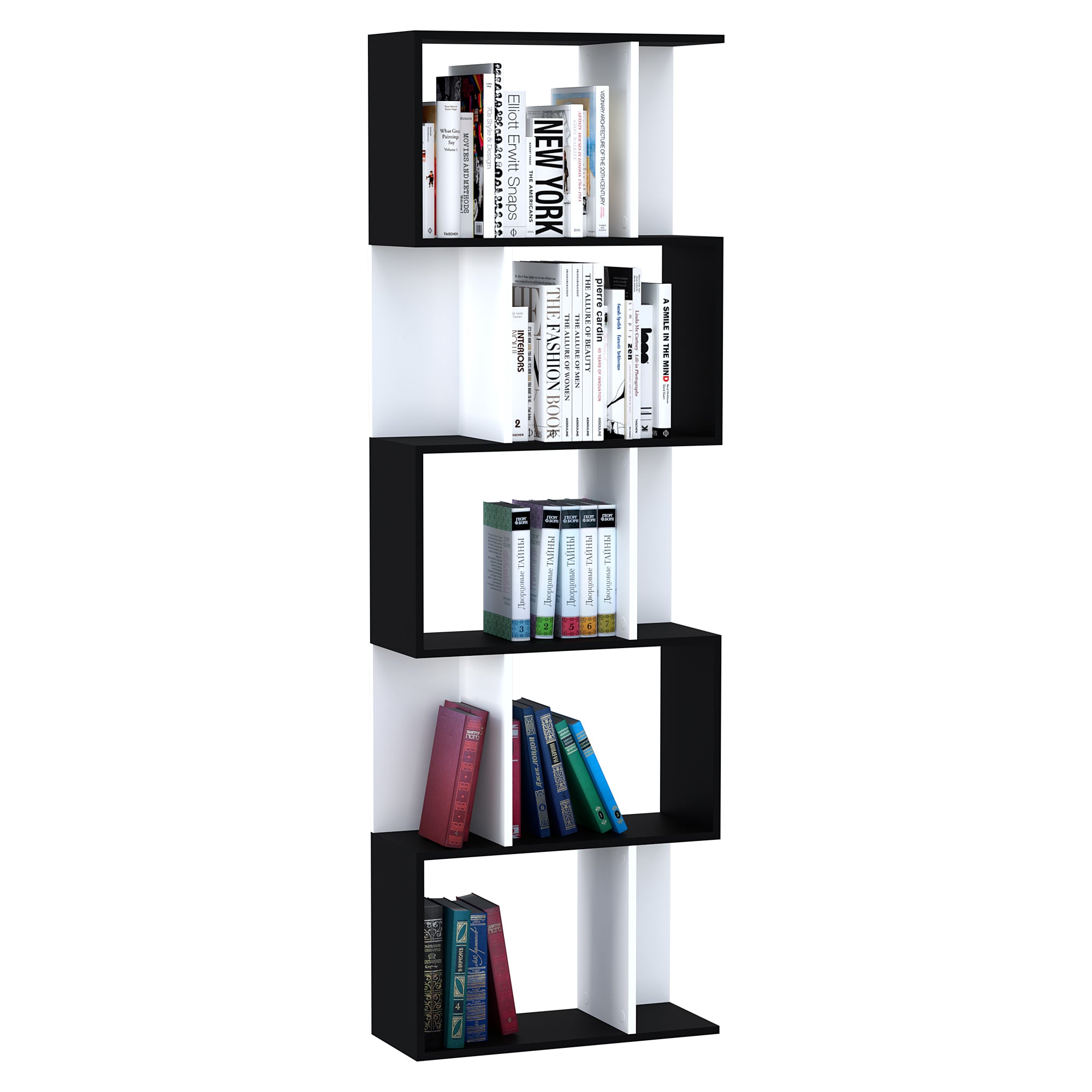 HOMCOM 5-tier Bookcase Storage Display Shelving S Shape design Unit Divider Black - North Peak Garden Furniture