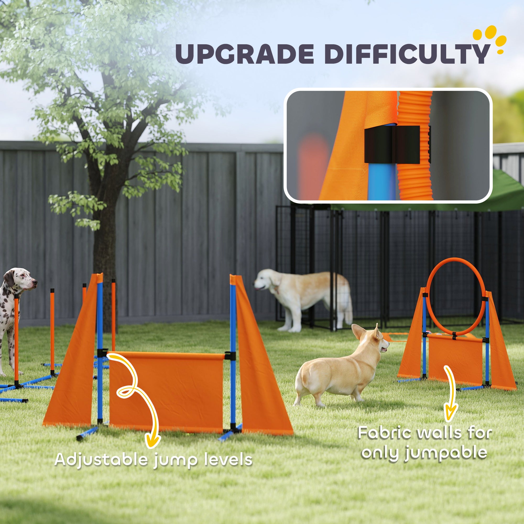 PawHut 7-Piece Dog Agility Equipment Set with Weave Poles, Jump Ring and Hurdle, Pause Box and Carry Bag, Orange - North Peak Garden Furniture
