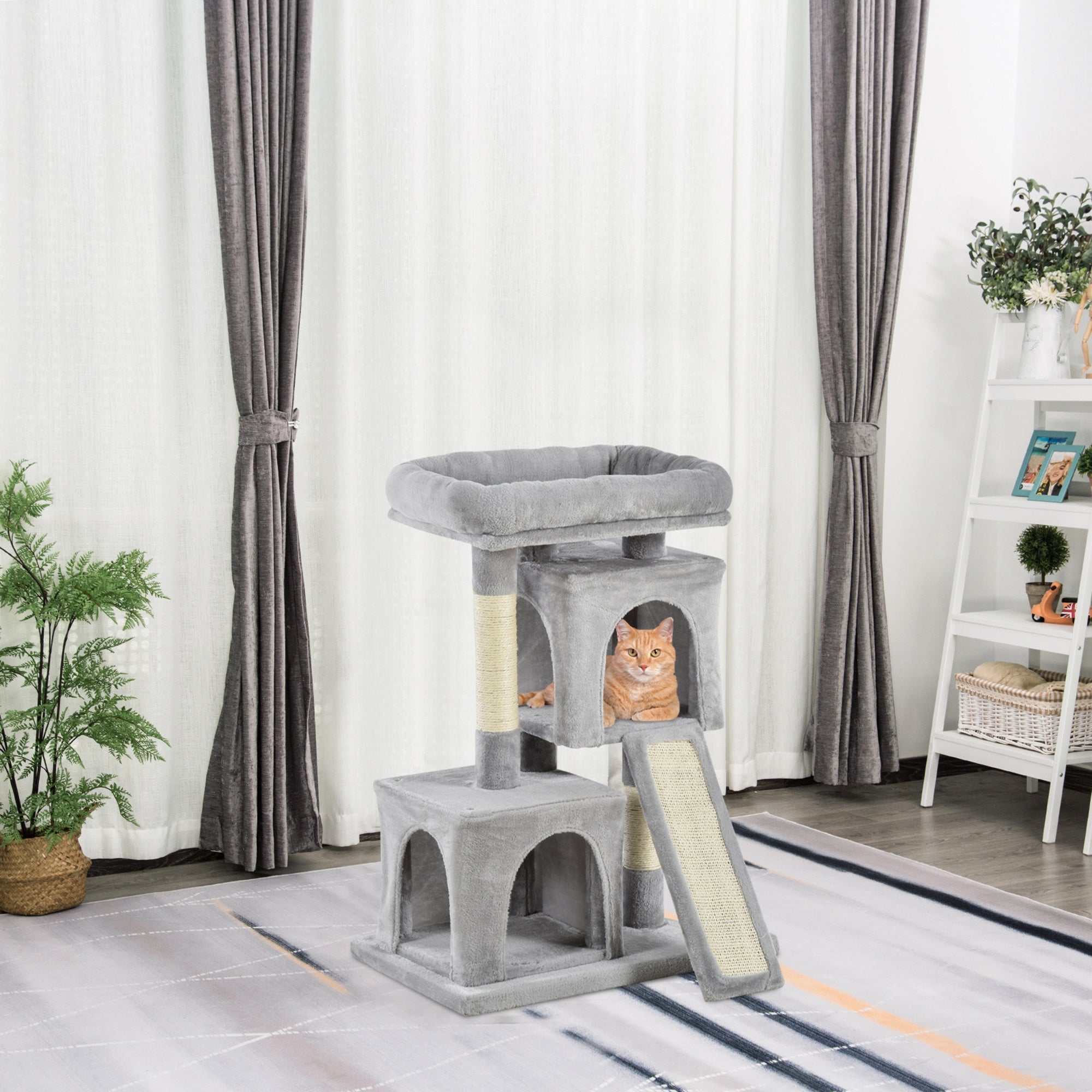 PawHut Feline Fortress: 3-Tier Cat Tower with Sisal Scratchers, Leisure Lounge in Light Grey