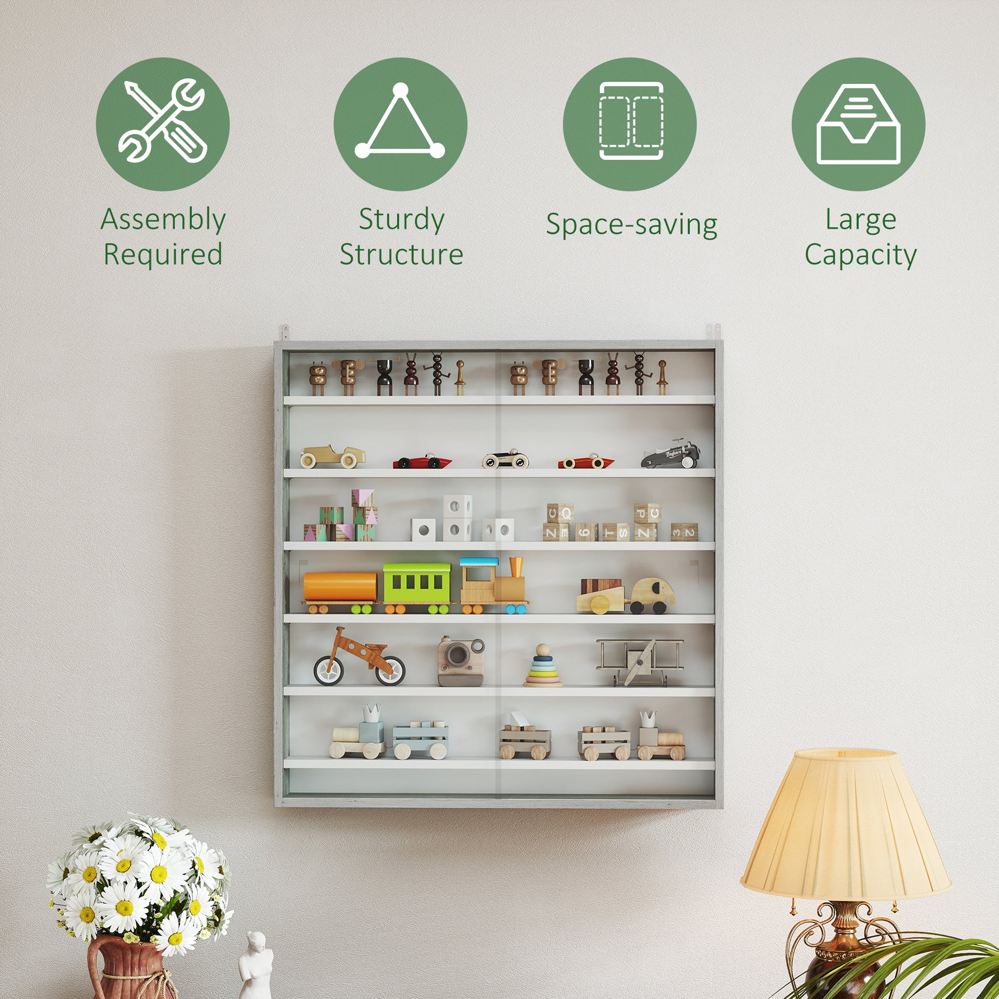 HOMCOM Six Shelf Display Cabinet, with Glass Doors - Graphite Wood Effect - North Peak Garden Furniture