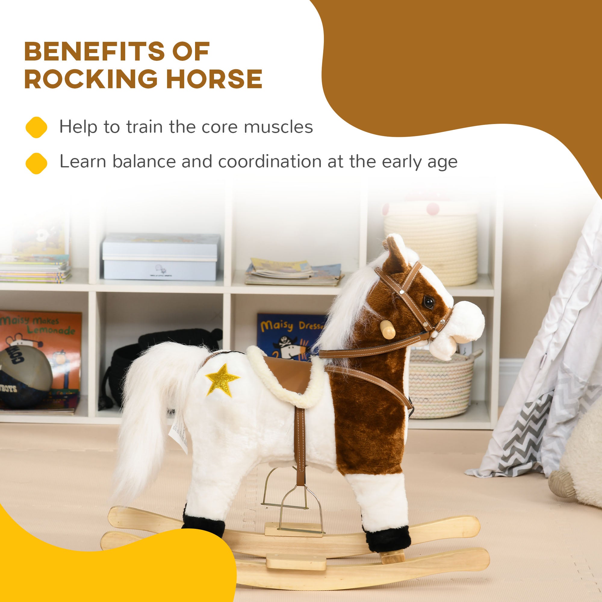 HOMCOM Rocking Horse, Ride-On Horse, with Music, Sounds, Saddle, for Ages 3-6 Years - Brown - North Peak Garden Furniture