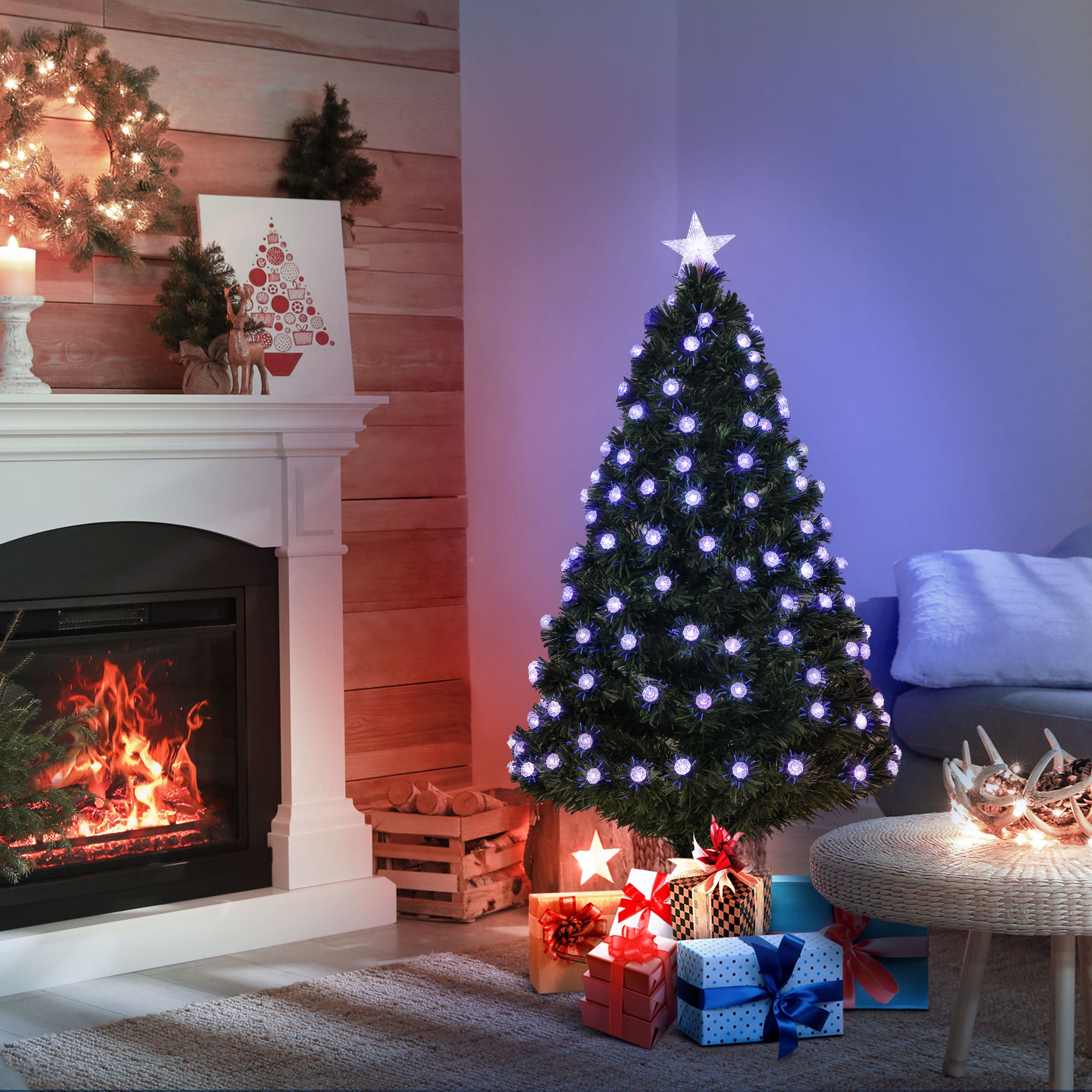 HOMCOM 4FT Pre-Lit Artificial Christmas Tree w/Fibre Optic Decorations LED Light Holiday Home Xmas Decoration-Green - North Peak Garden Furniture