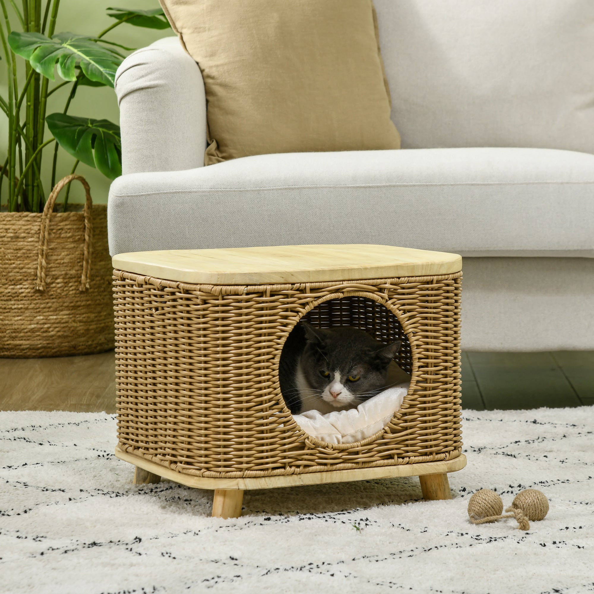 PawHut Elevated Design Wicker Cat House with Washable Cushion, Light Brown - North Peak Garden Furniture