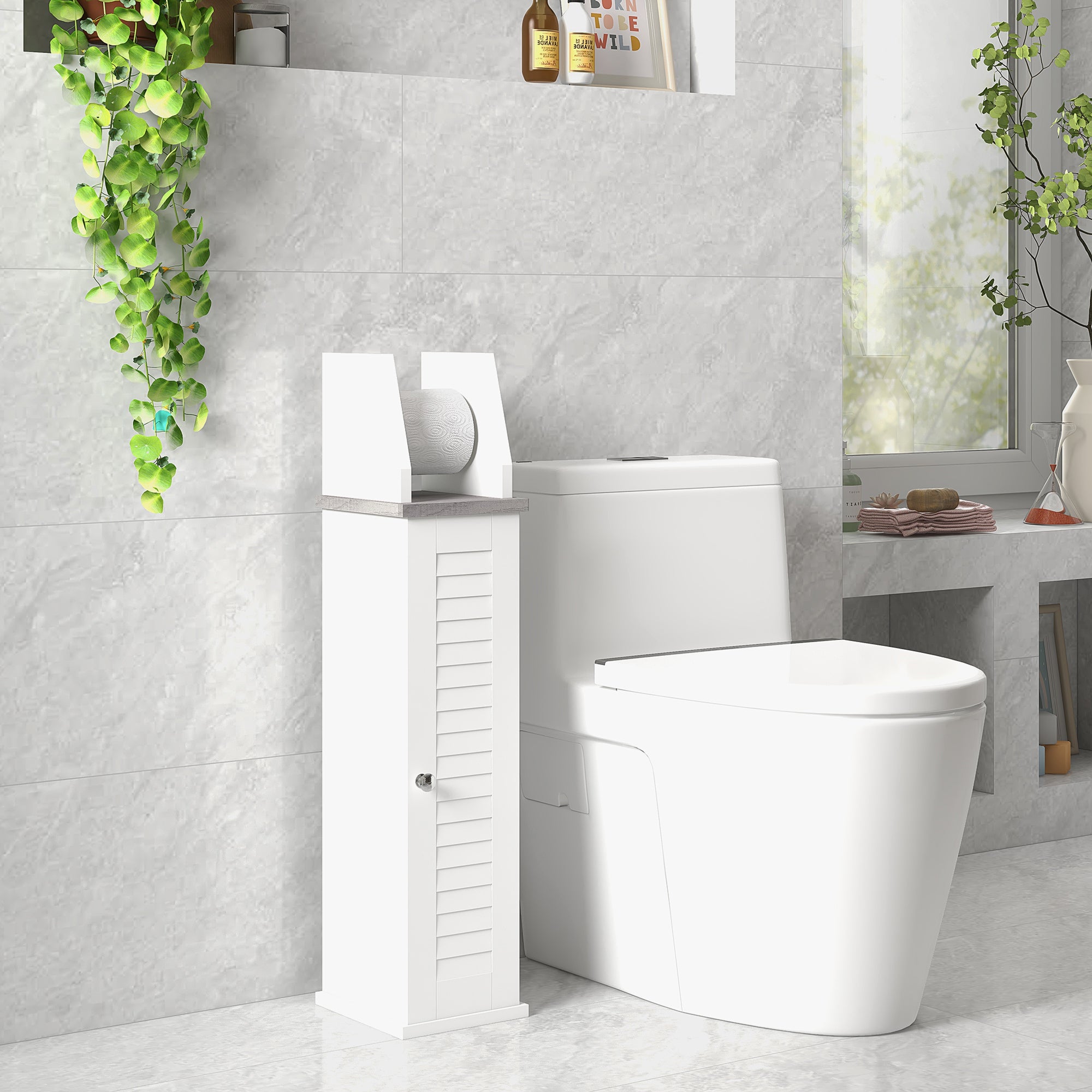 kleankin Slim Bathroom Floor Cabinet with Cupboard, Roll Holder and Adjustable Shelf, Toilet Roll Storage Unit for Toilet Paper, Shampoo, White - North Peak Garden Furniture