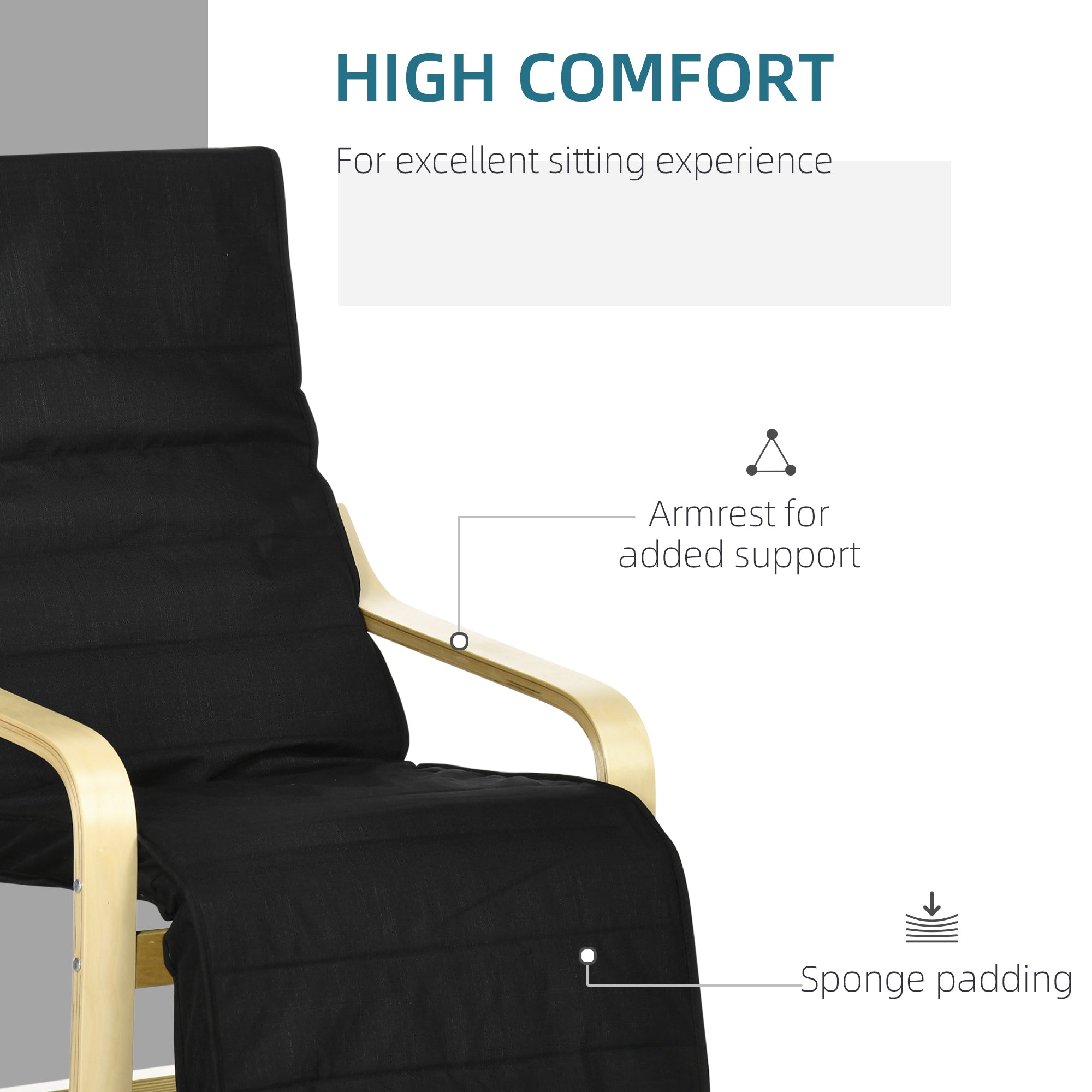 HOMCOM Wooden Lounging Chair Deck Relaxing Recliner Lounge Seat with Adjustable Footrest & Removable Cushion Cover, Black - North Peak Garden Furniture