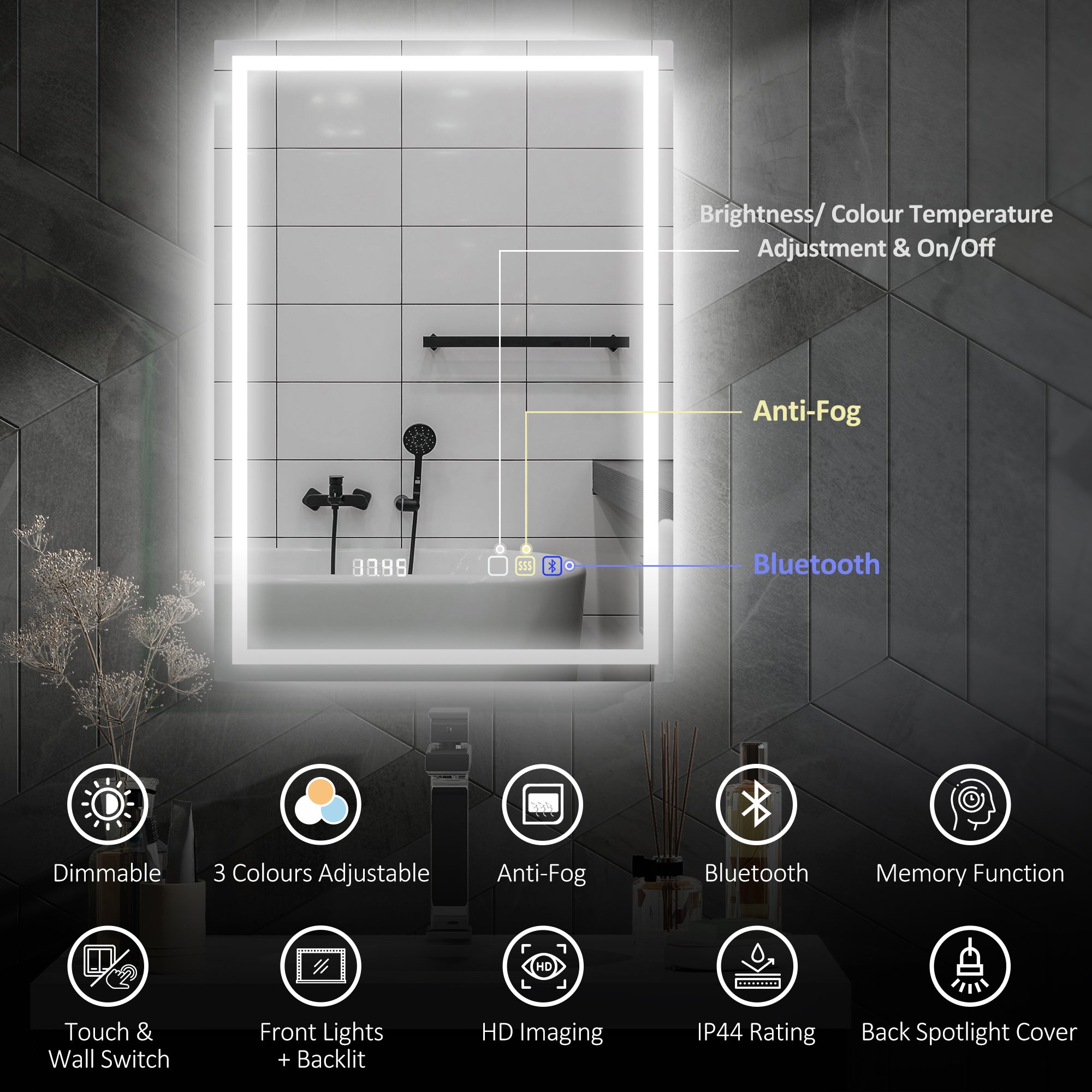 HOMCOM 50 x 70 cm Anti-Fog LED Bathroom Mirror, with Bluetooth and Clock - Silver Tone - North Peak Garden Furniture