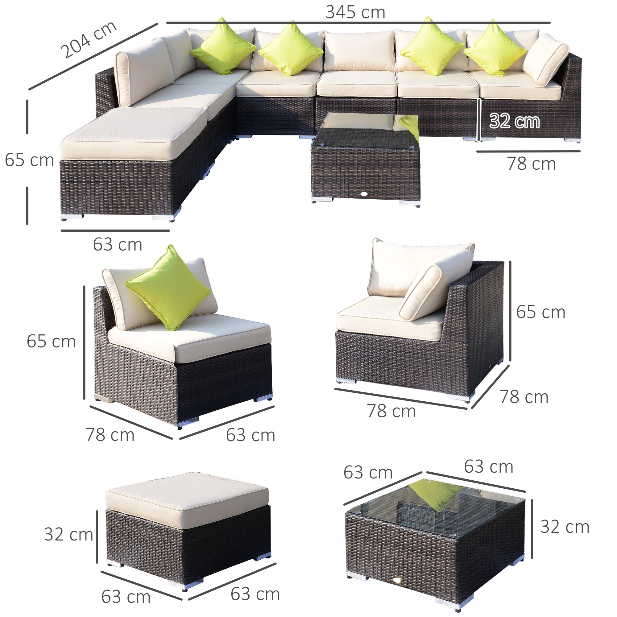 Outsunny 8 Pieces PE Rattan Corner Sofa Set with Thick Cushions, Aluminium Outdoor Rattan Garden Furniture Set with Glass Top Table, No Assembly Required, Mixed Brown - North Peak Garden Furniture