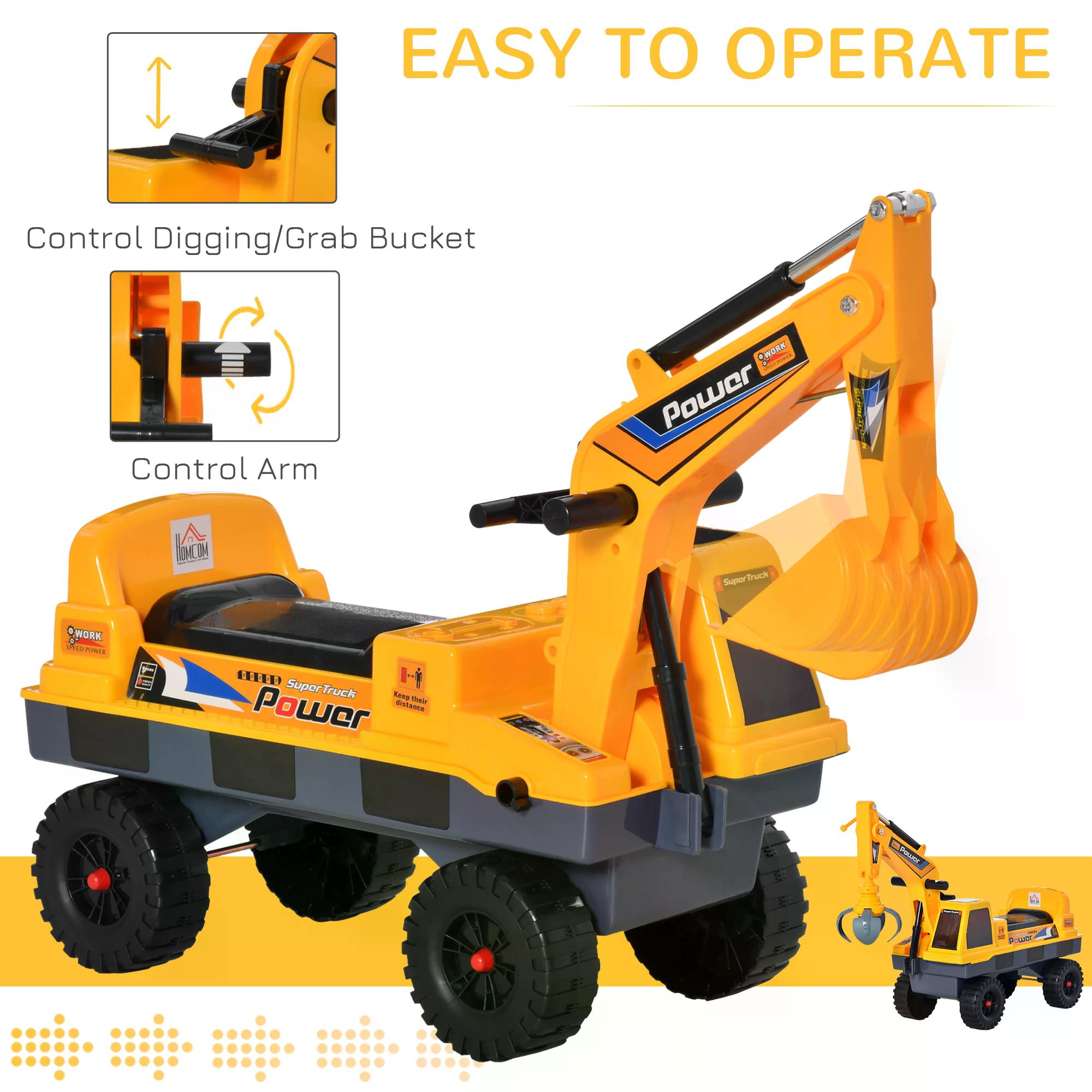 HOMCOM 2 in 1 Ride on Excavator Digger No Power Detachable Digging Bucket and Grab Bucket Music Light for 2-3 Years Old