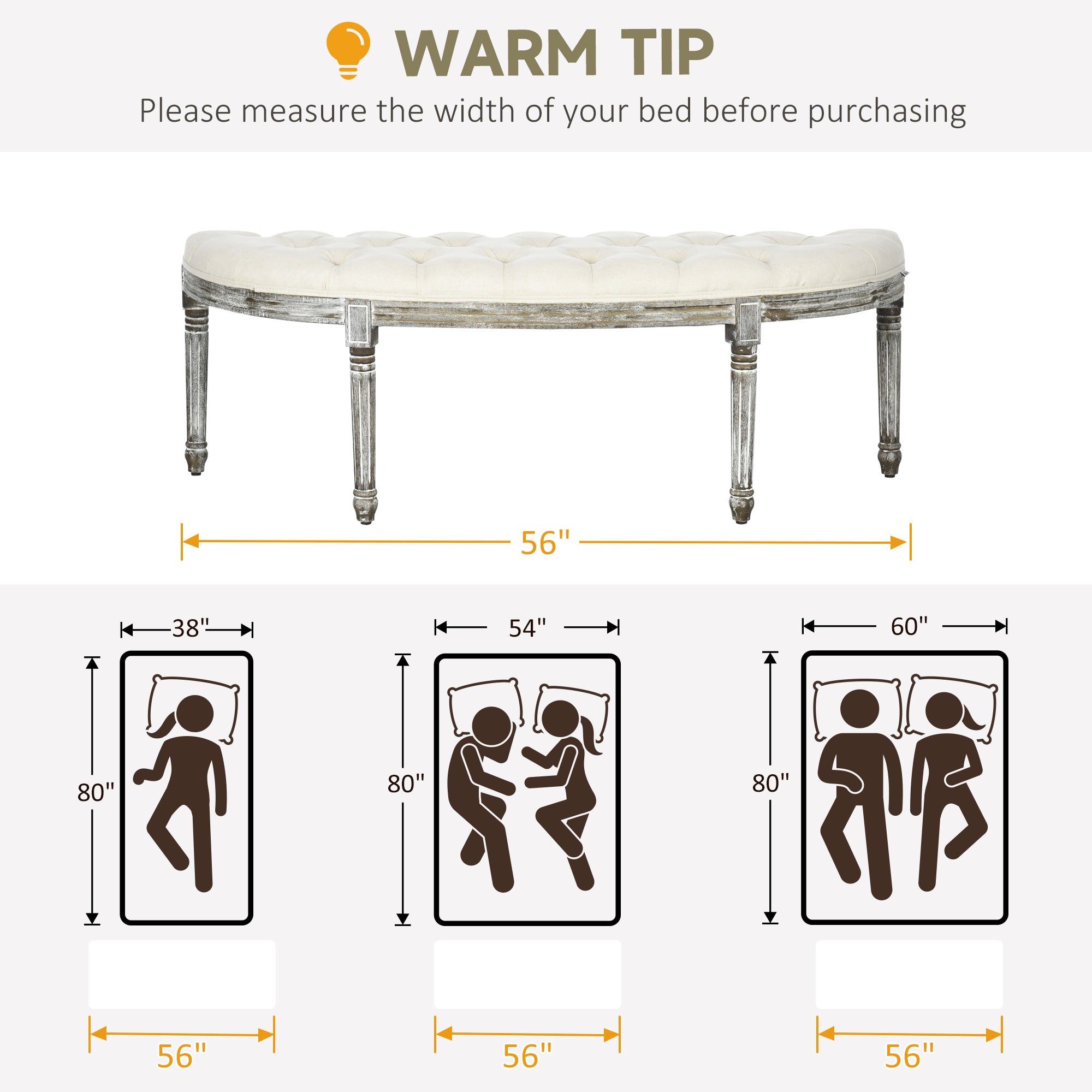 HOMCOM Half-Circle End Bench Ottoman Footstool Tufting Padded Seat Brushed Wood Base Antique Accents Home Seat Furniture Cream White and Light Wood Grain Leg - North Peak Garden Furniture