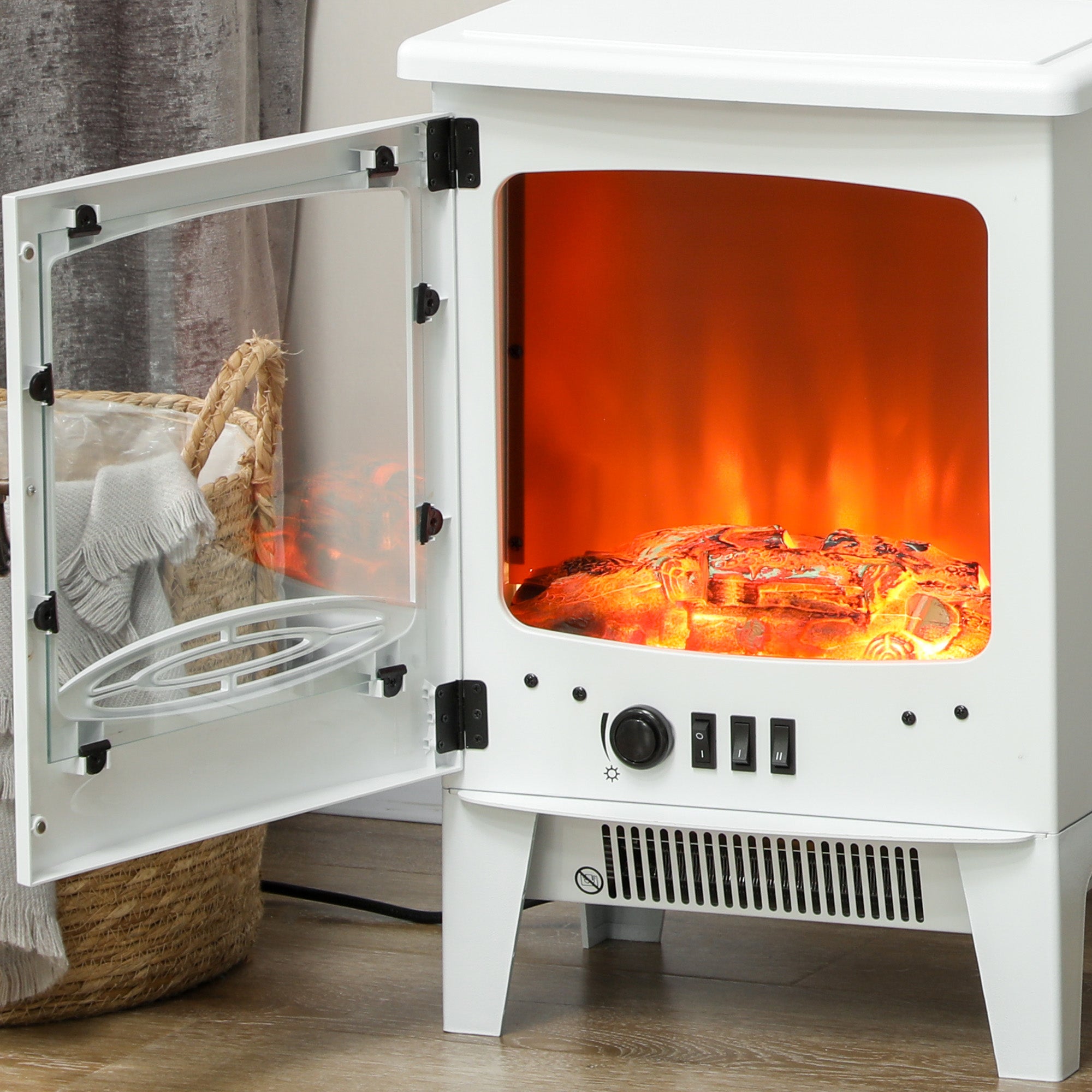 HOMCOM Electric Fireplace Stove, Freestanding Log Burner, 1000W/2000W, Portable Electric Fire Fan Heater with LED Flame Effect, Adjustable Thermostat, Glass, Overheat Protection， White