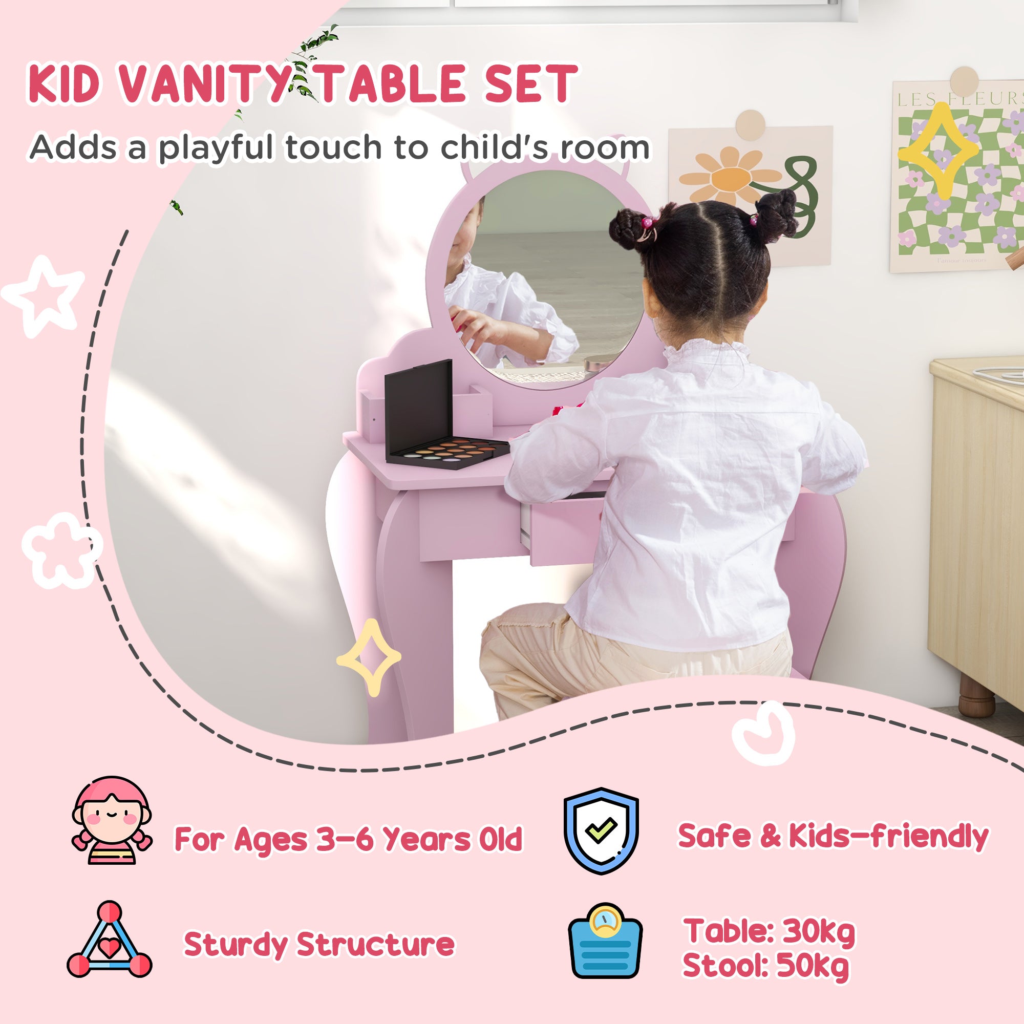 ZONEKIZ Kids Vanity Table with Mirror, Stool, Drawer, Storage Boxes, Cat Design, for Ages 3-6 Years - Pink - North Peak Garden Furniture