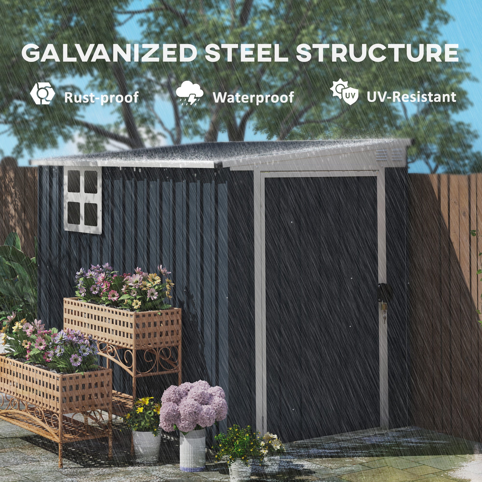 Outsunny 7.6 x 4ft Garden Metal Shed, Outdoor Storage Shed with Window, 2 Vents and Lockable Door for Garden, Patio, Dark Grey
