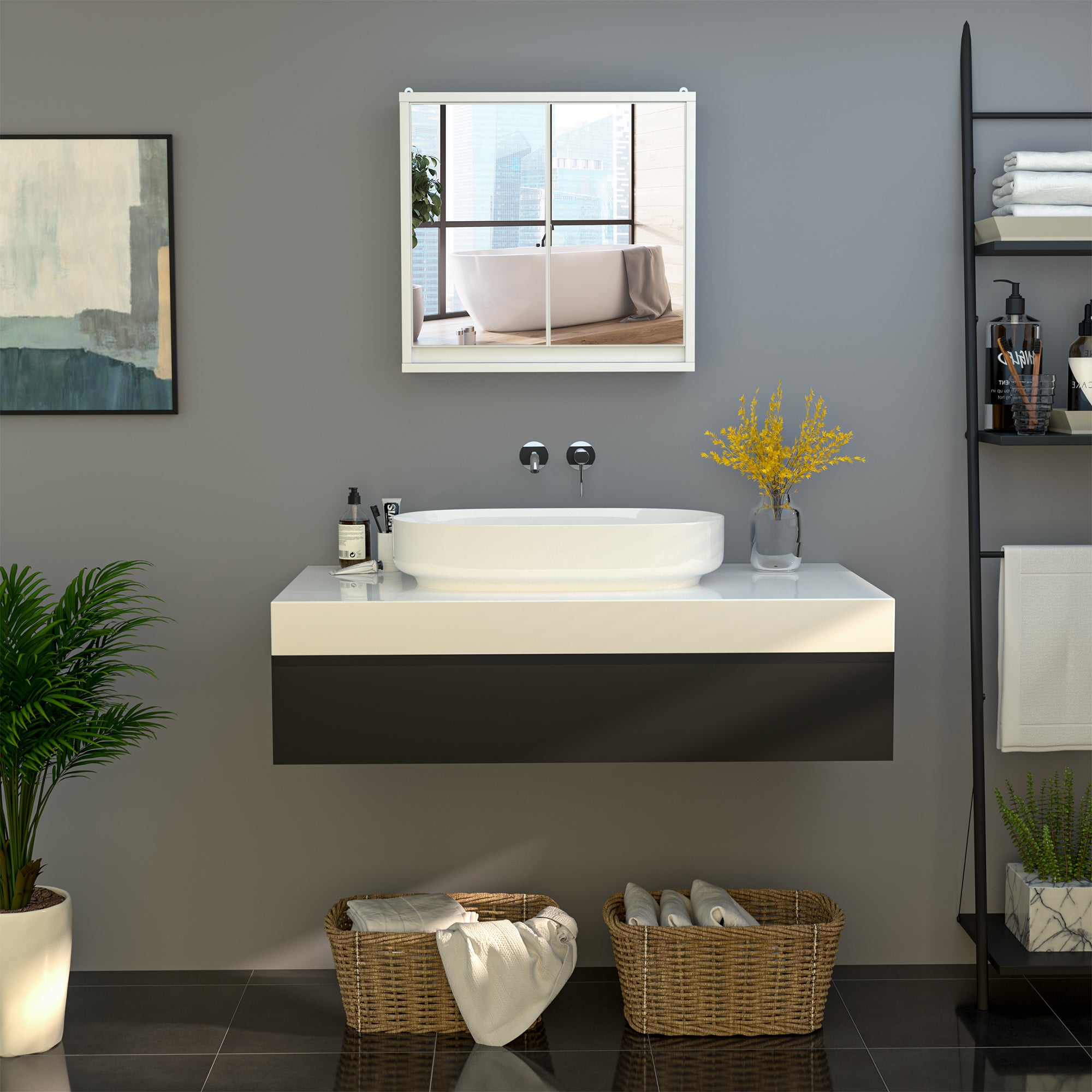HOMCOM Bathroom Mirror Cabinet Wall Mounted Storage Shelf Bathroom Cupboard Double Door, White - North Peak Garden Furniture