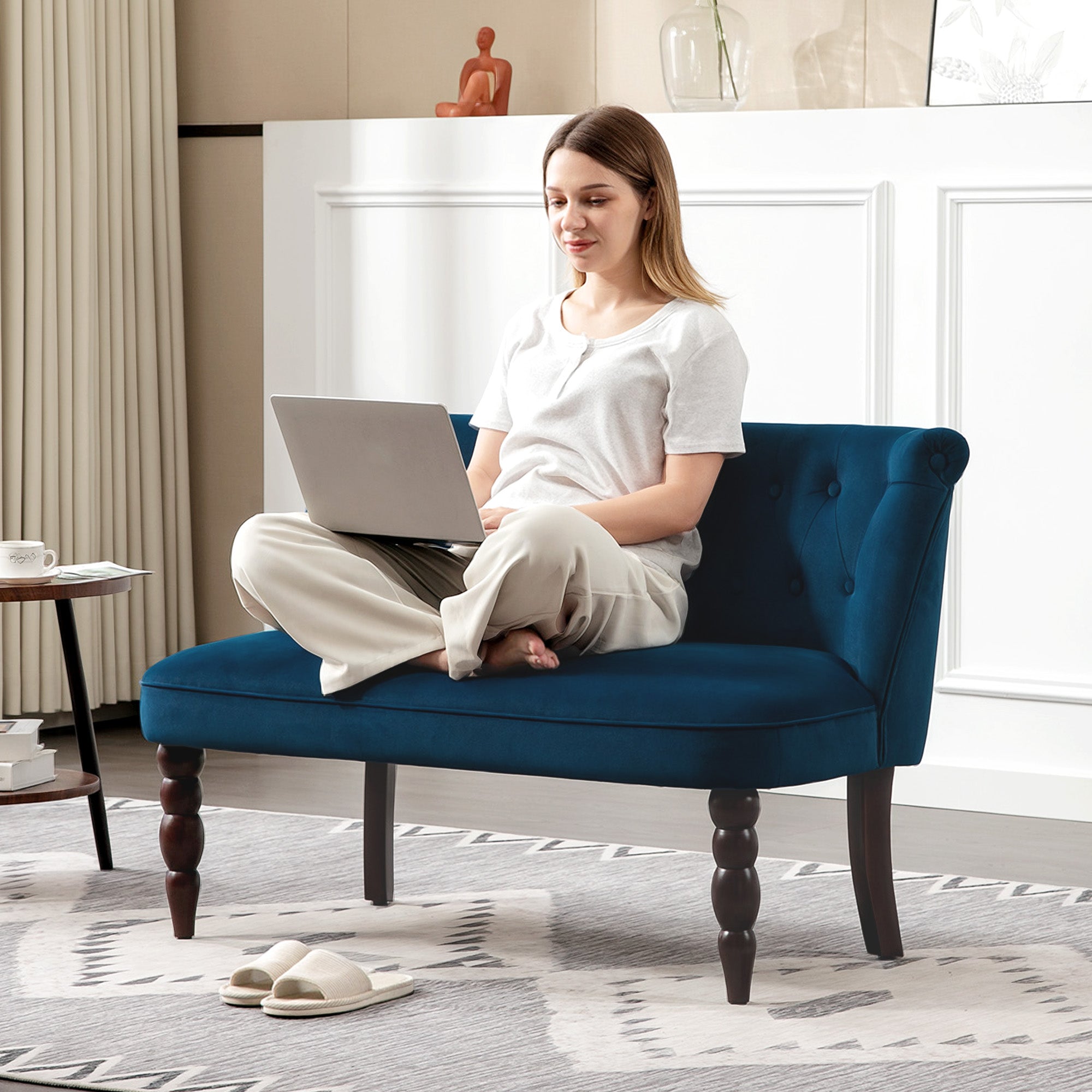 HOMCOM Velvet 2 Seater Sofa, Button Tufted Wingback Loveseat with Rubber Wood Legs for Living Room, Bedroom, Dark Blue