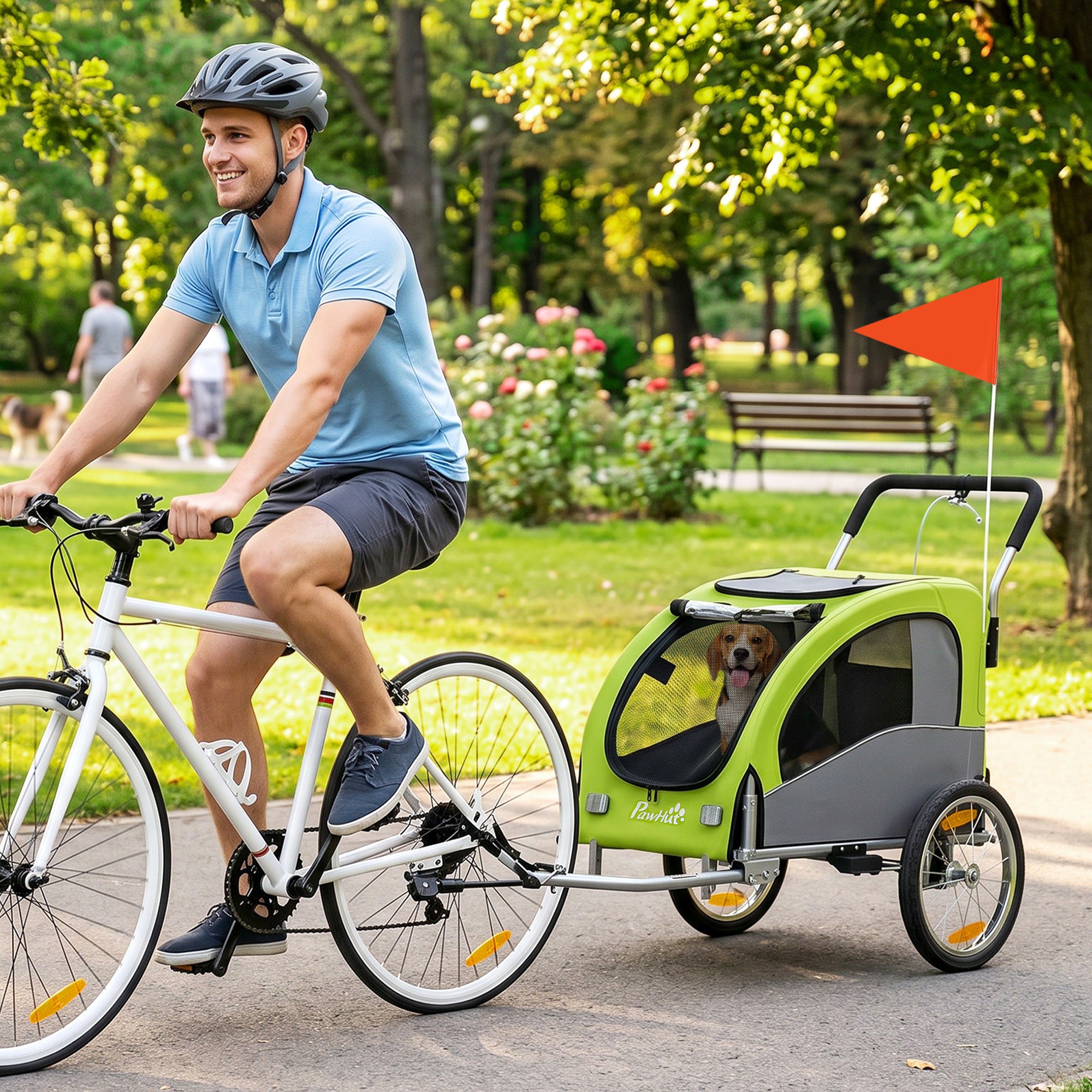 PawHut 2 in 1 Dog Bike Trailer, Foldable Pet Stroller, Dog Bicycle Trailer with Suspension, for Medium Dogs up to 20kg, Green