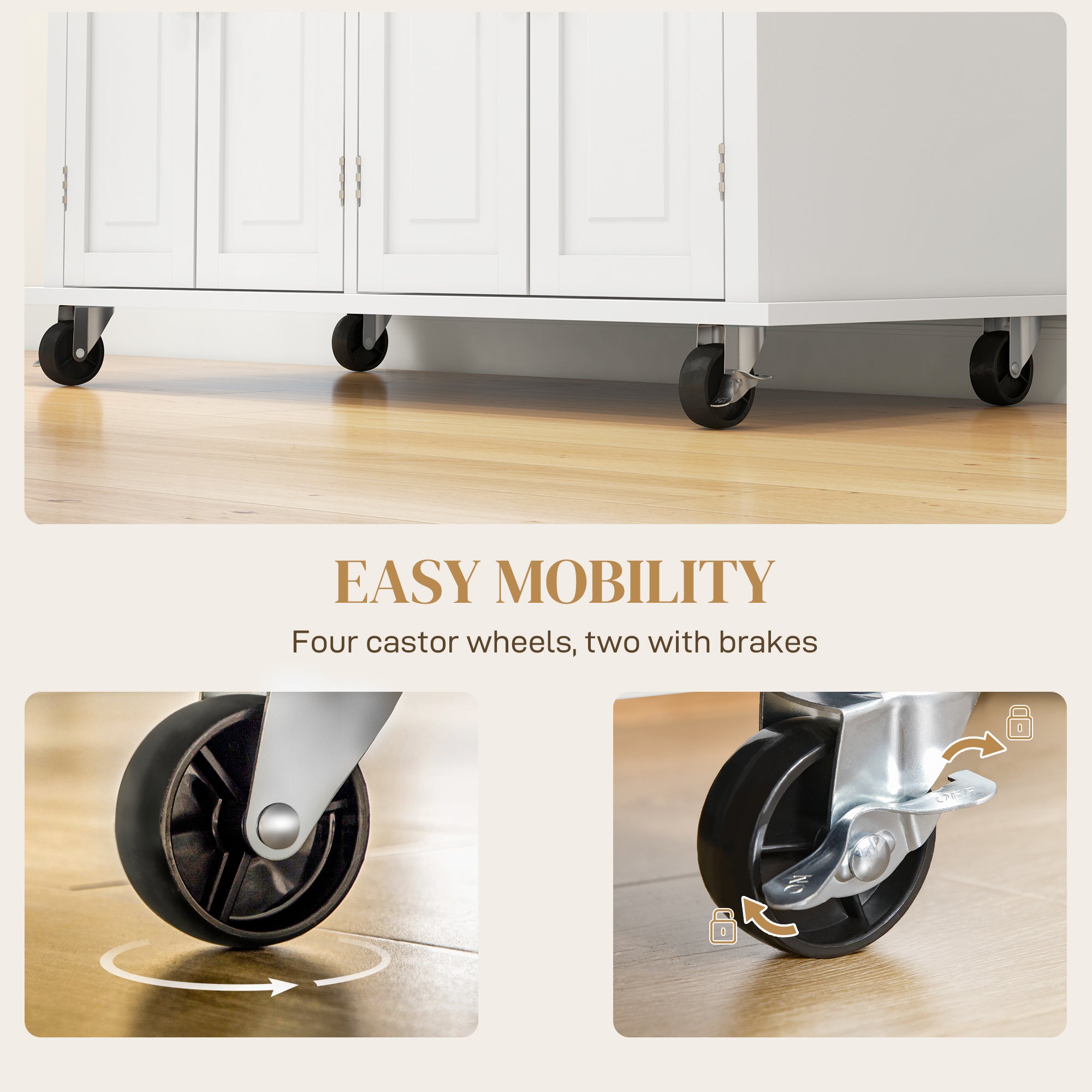 HOMCOM Rolling Kitchen Island Storage Trolley with Rubber Wood Top & Drawers for Dining Room, Cream White - North Peak Garden Furniture