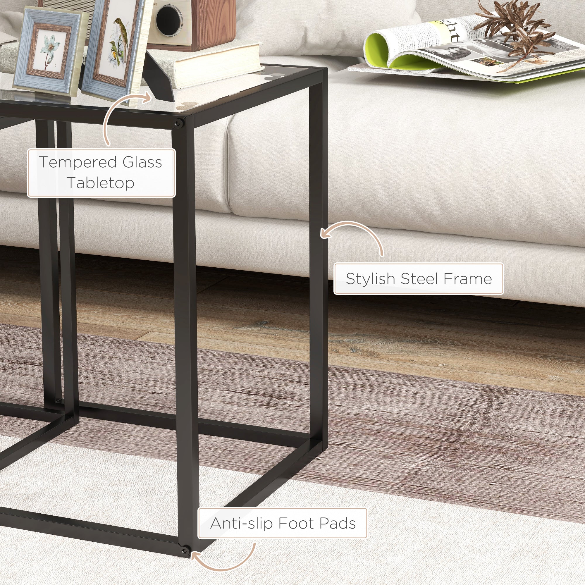 HOMCOM Nesting Tables Set of 2, Side End Table with Tempered Glass Top and Steel Frame for Living Room, Bedroom, Black - North Peak Garden Furniture