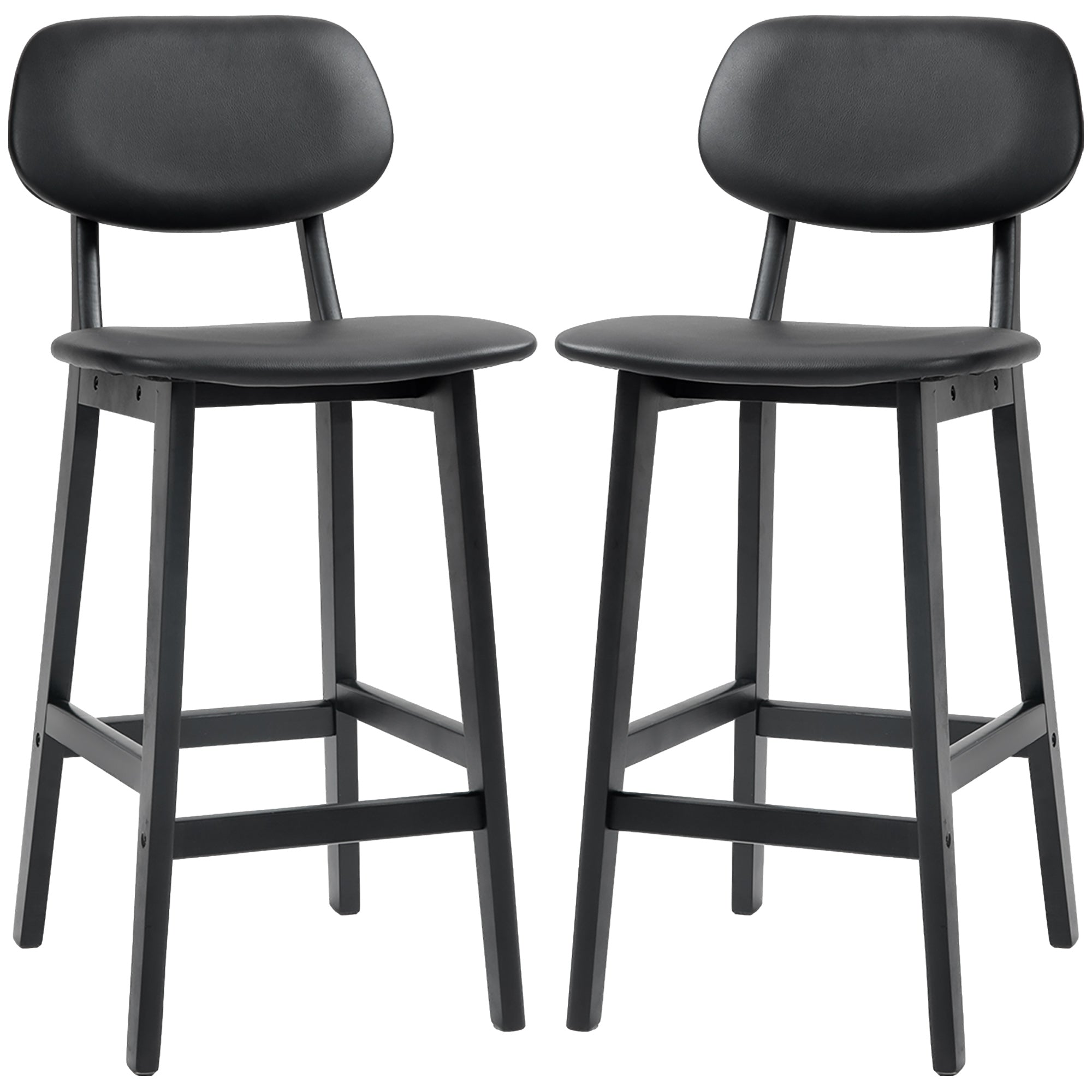 HOMCOM Set of Two Wooden Classic Bar Stools, with Faux Leather Seats - Black