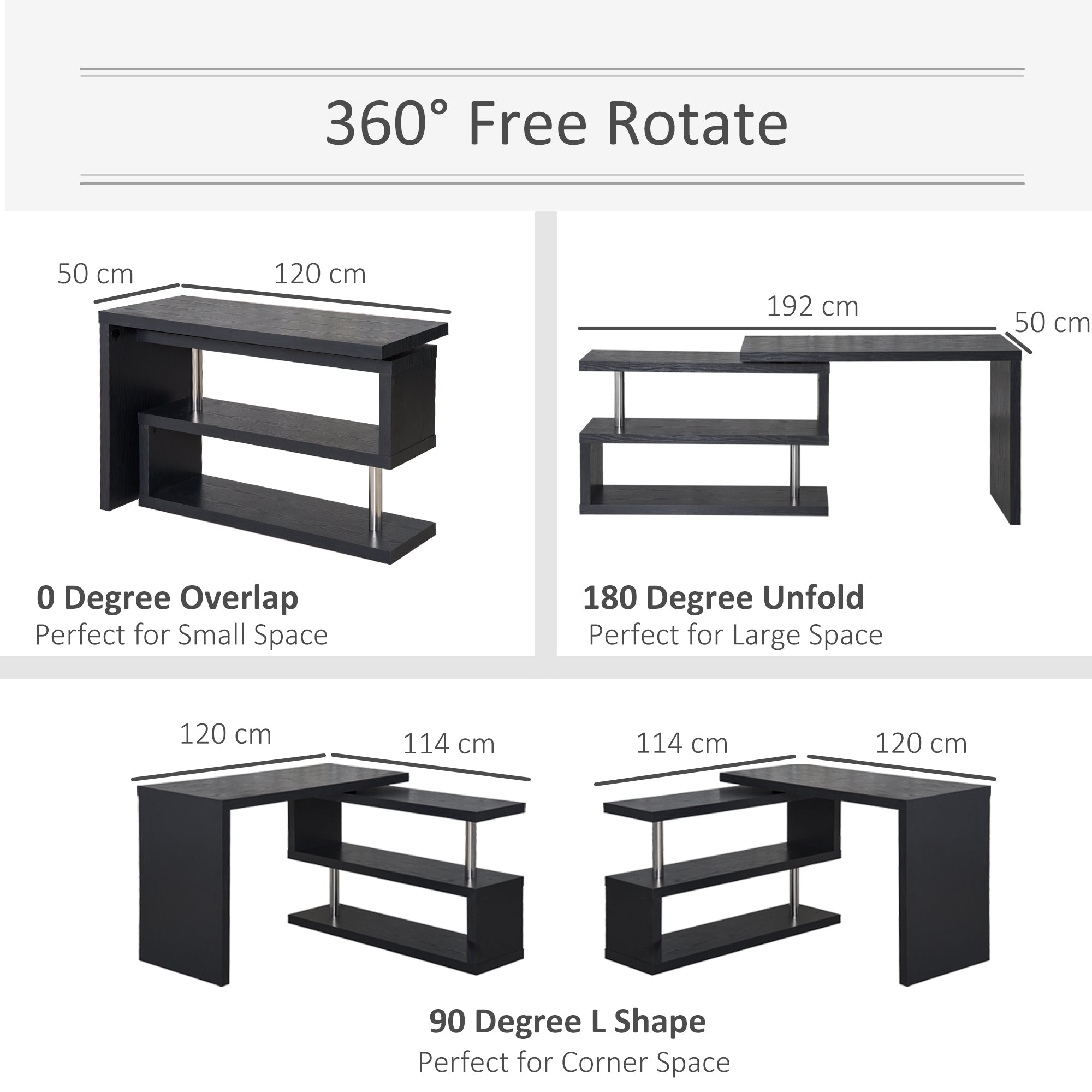 HOMCOM L Shaped Desk with 360° Rotating Storage Shelves, Corner Computer Desk, Space Saving Study Table for Home Office, Black