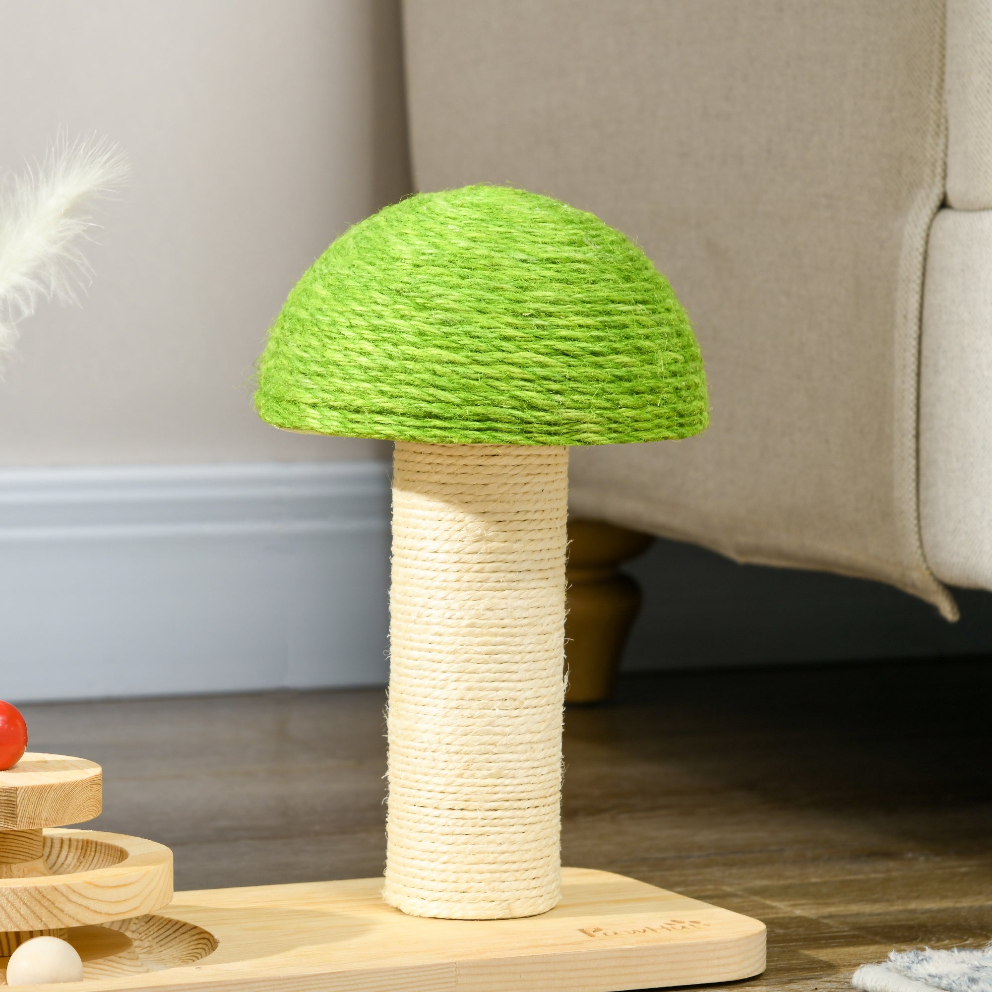 PawHut Mushroom-Shaped Cat Scratching Post, with Toy Balls, Feather for Indoor Cats, 35 x 21 x 26cm - Natural Tone - North Peak Garden Furniture