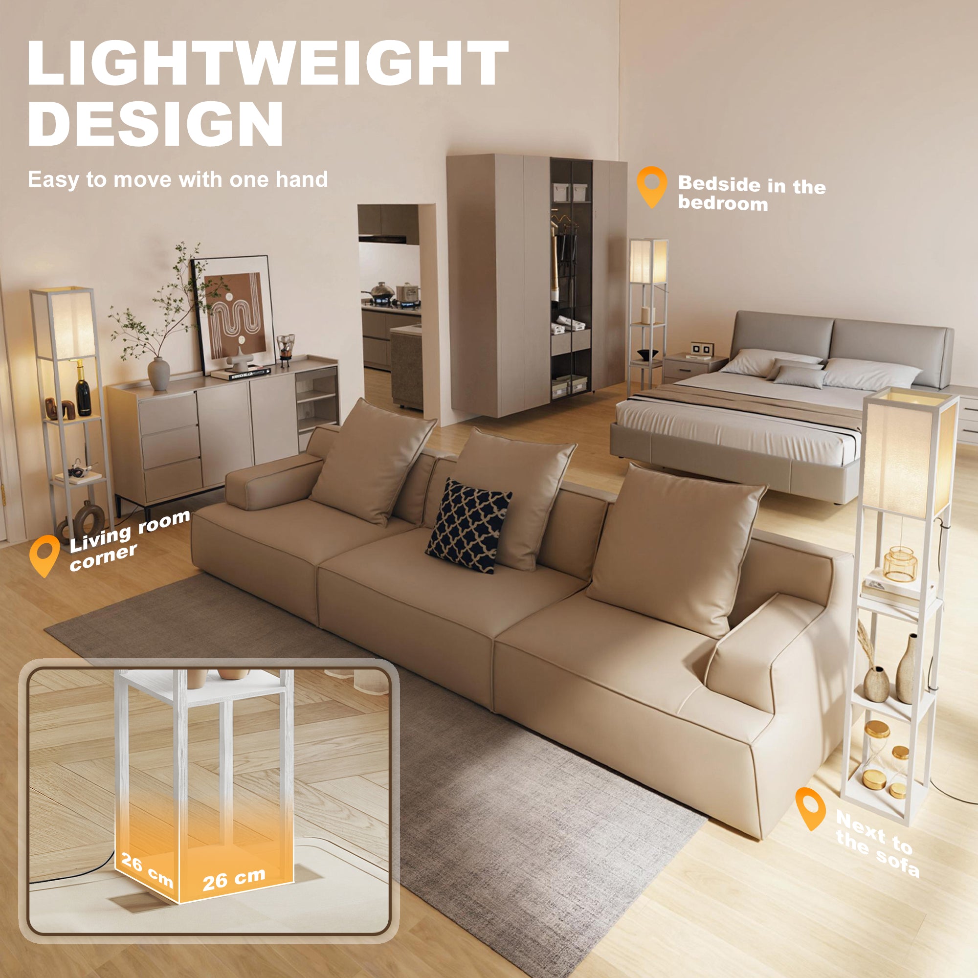 HOMCOM 3-Tier Floor Lamp, Floor Light with Storage Shelf, Reading Standing Lamp for Living Room, Bedroom, Kitchen, Dining Room, Office, Dorm, 160cm, White