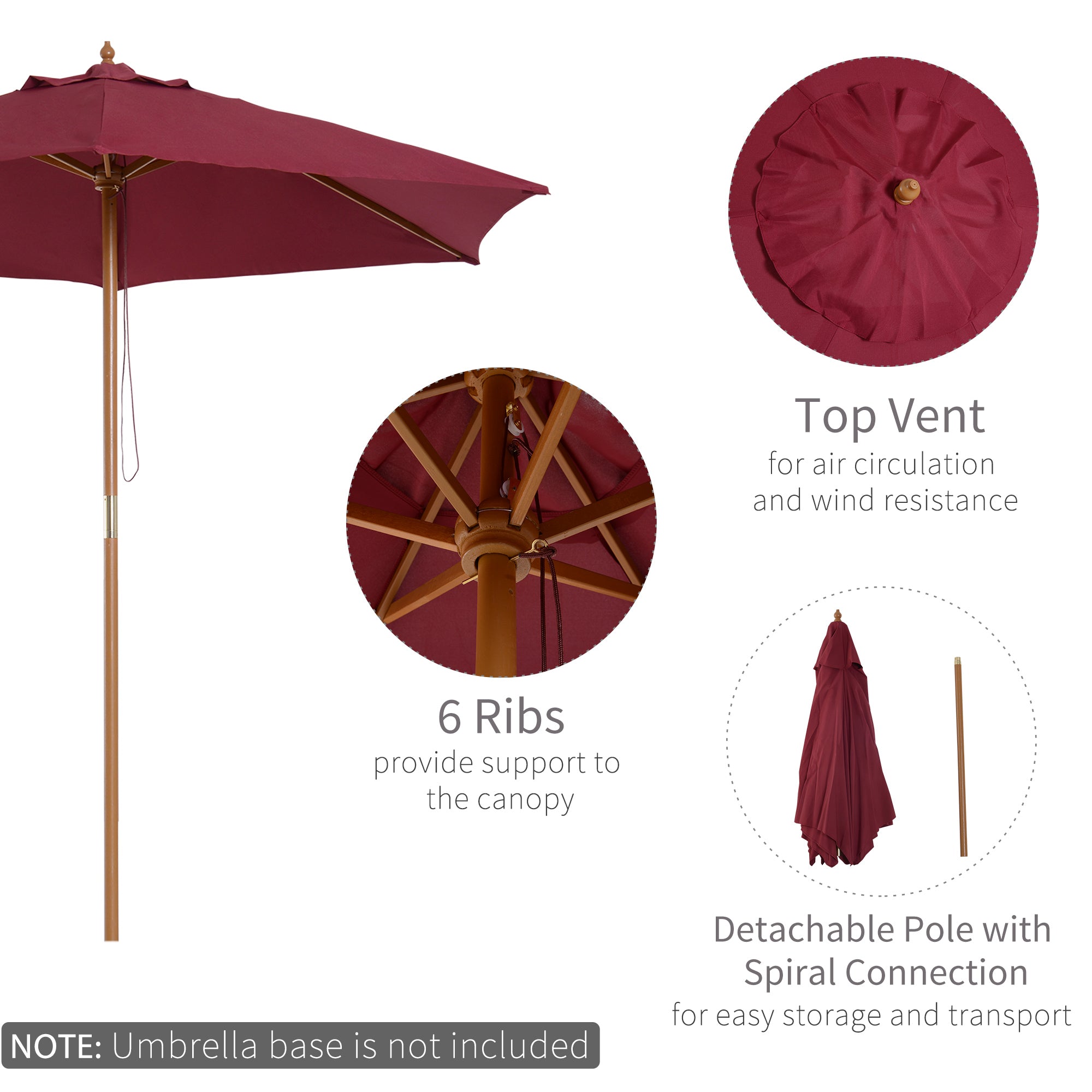 Outsunny Wooden Garden Parasol, 2.5m Outdoor Umbrella Sun Shade with Pulley System, Wine Red