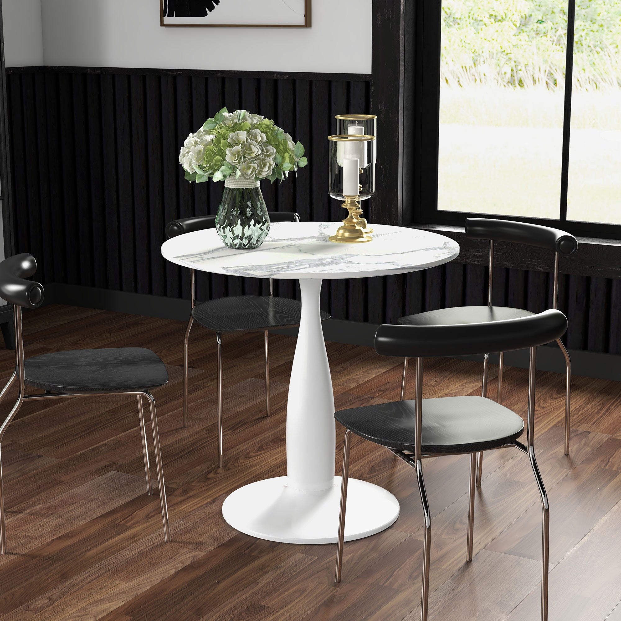 HOMCOM Round Dining Table, Modern Dining Room Table with Steel Base, Non-slip Foot Pad, Space Saving Small Dining Table - North Peak Garden Furniture