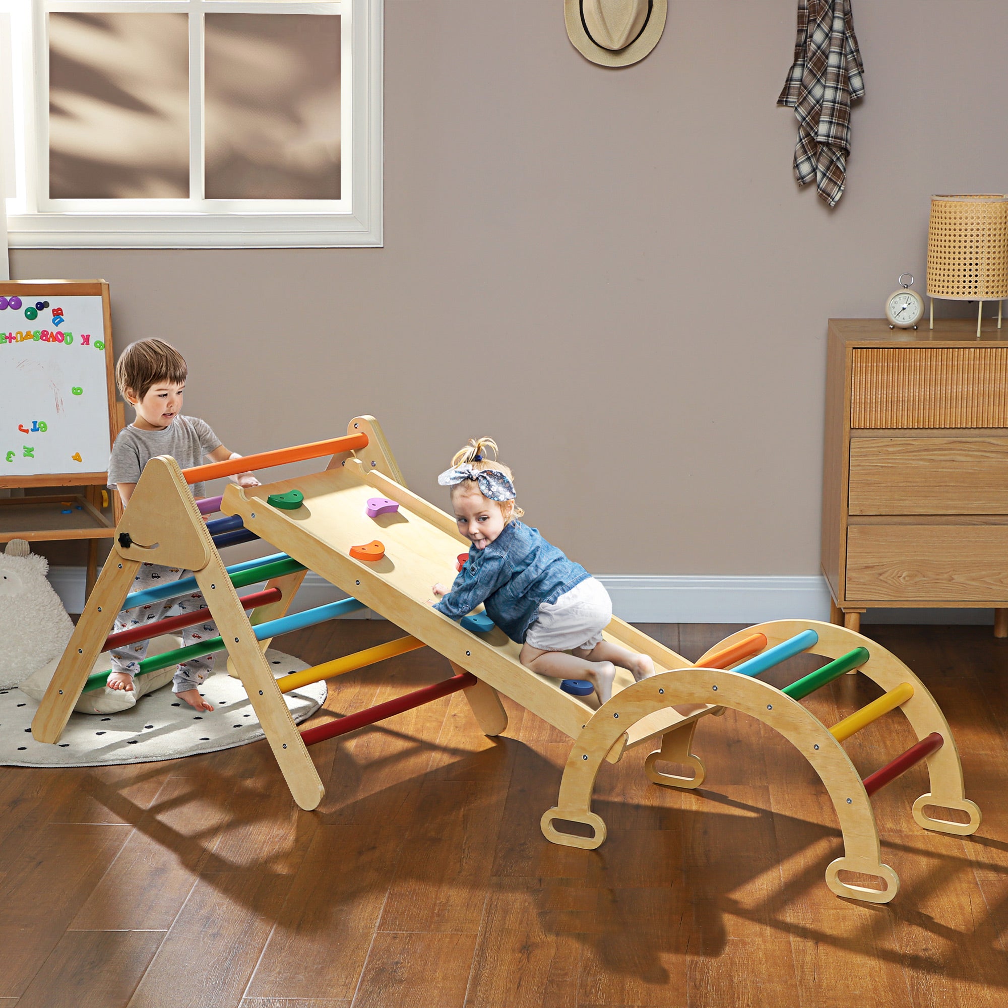 AIYAPLAY 5 in 1 Toddler Climbing Frame with Ramp, Arch, for 18-48 Months, Multicolour - North Peak Garden Furniture