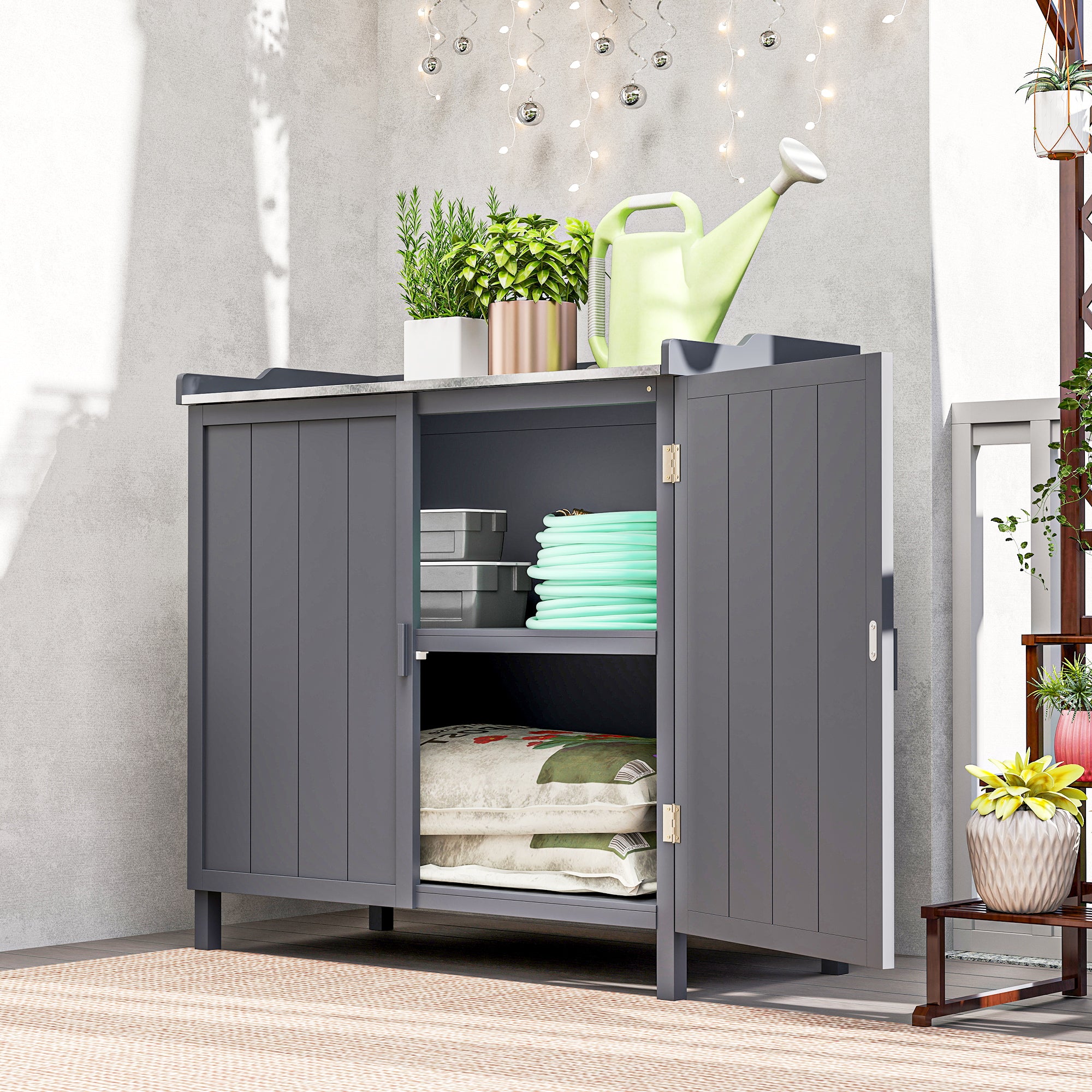Outsunny Garden Storage Cabinet, Outdoor Tool Shed, Potting Bench Table with Galvanized Top and Two Shelves for Yard Tools or Pool Accessories, Grey
