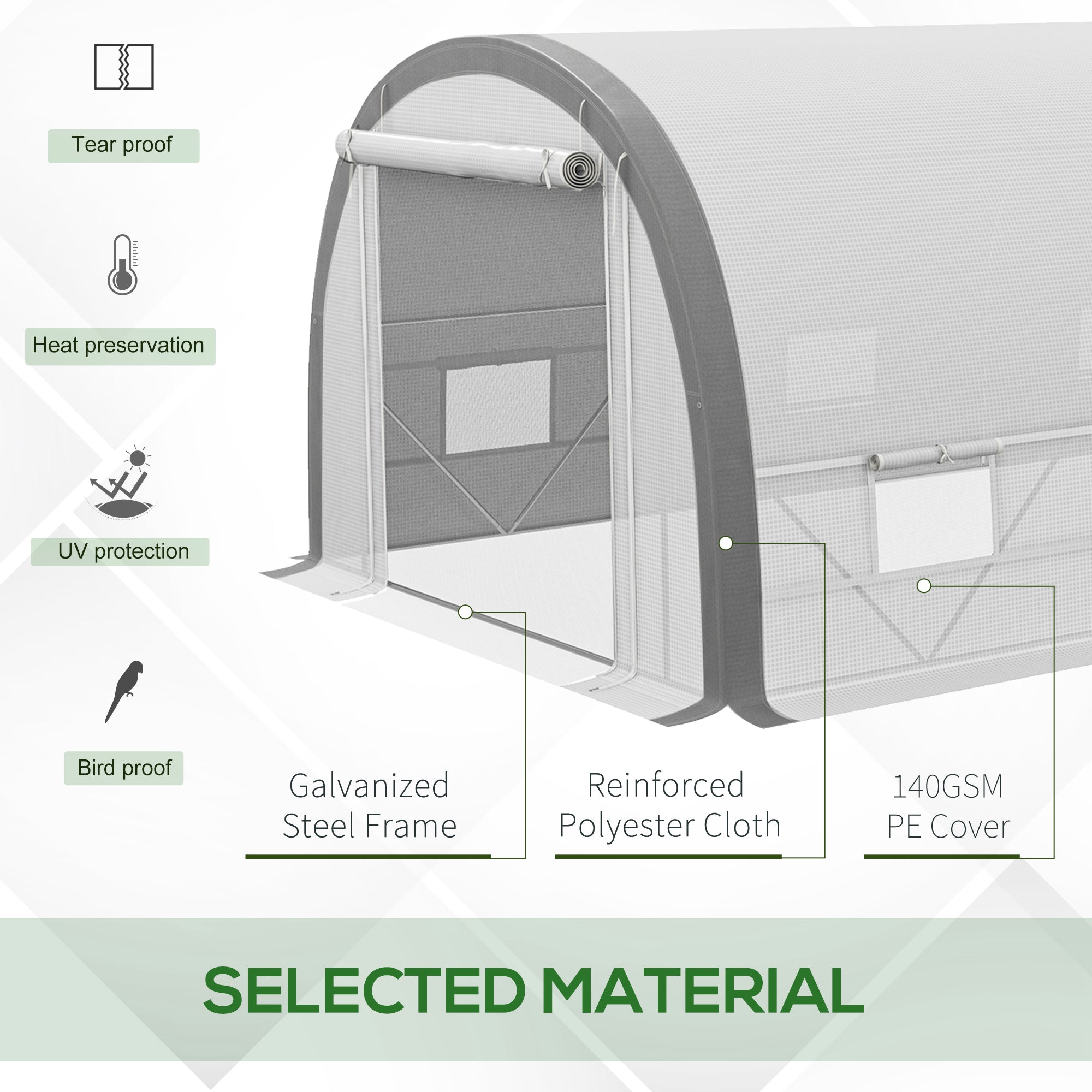 Outsunny 6 x 3(m) Polytunnel Greenhouse with Upgraded Structure, Mesh Door and Windows, 15 Plant Labels, White