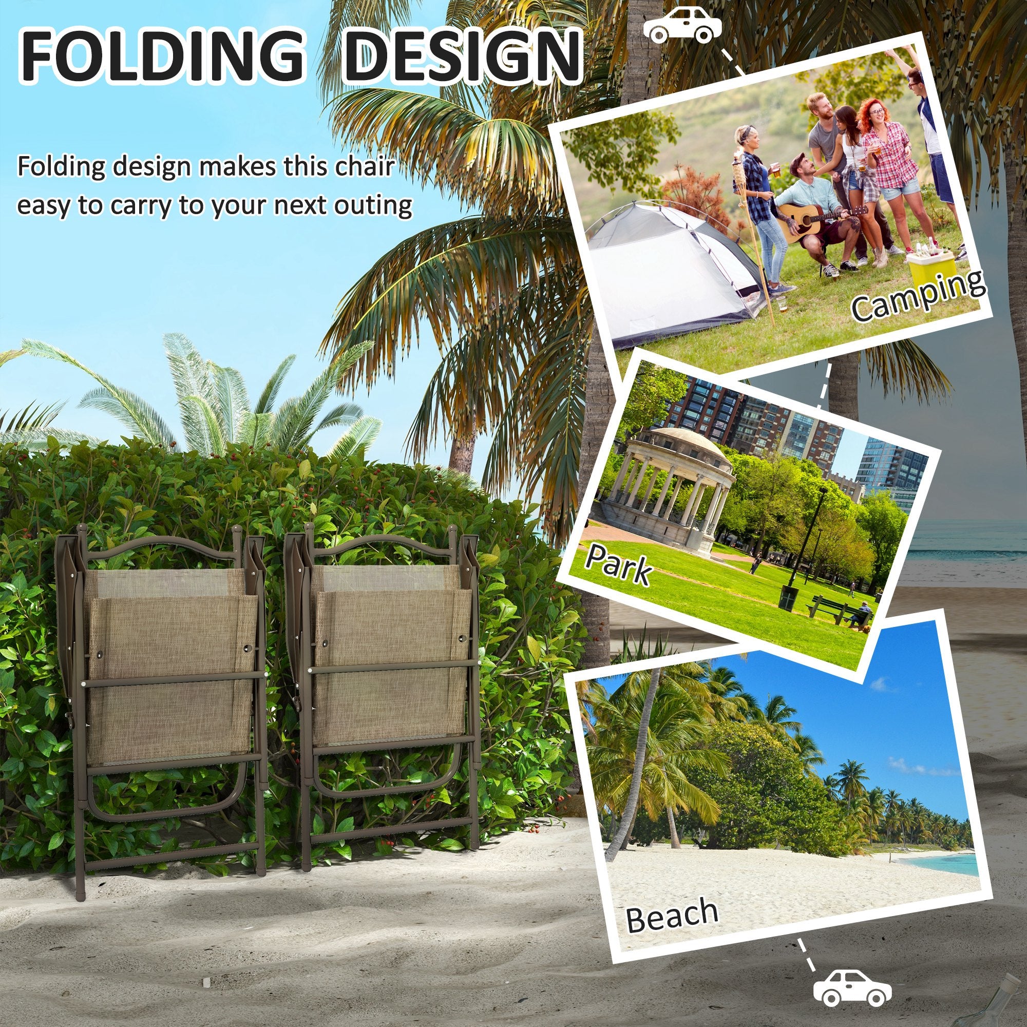 Outsunny Set of Two Folding Garden Chairs, with Fabric Mesh Seats - Mixed Brown - North Peak Garden Furniture